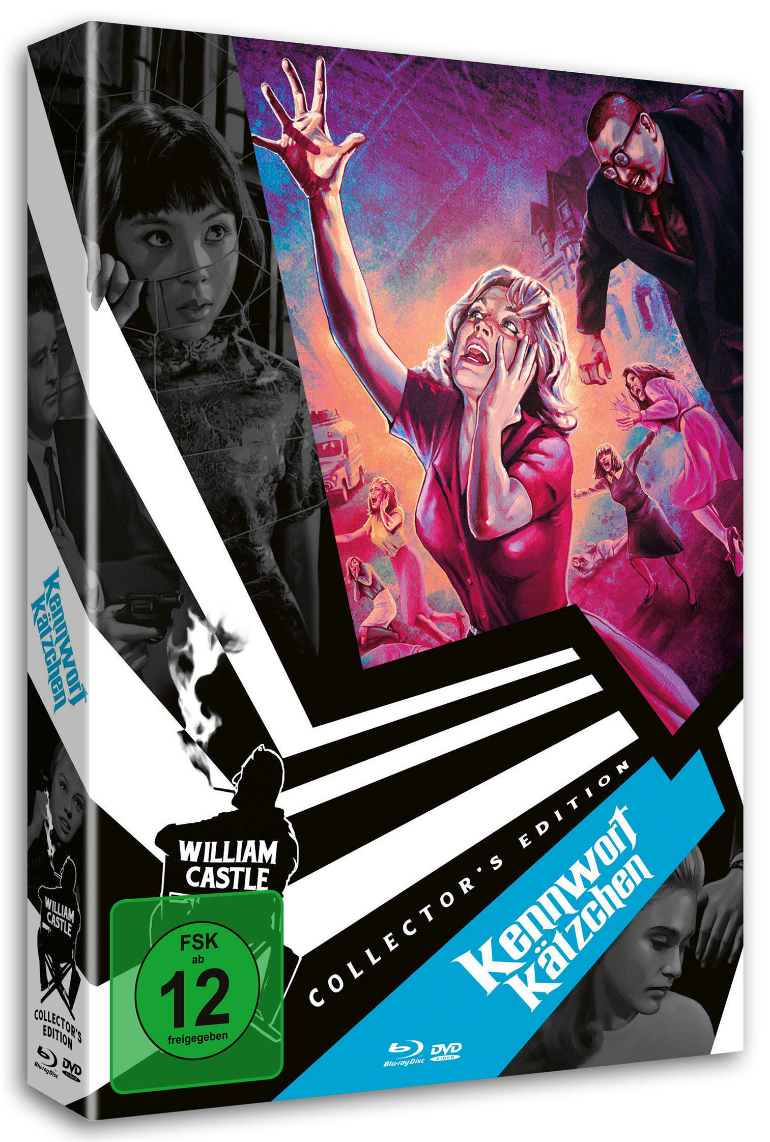 Filmcover mit Frau in Rot und anderen Figuren. Mit Schwarz-Weiß-Design.