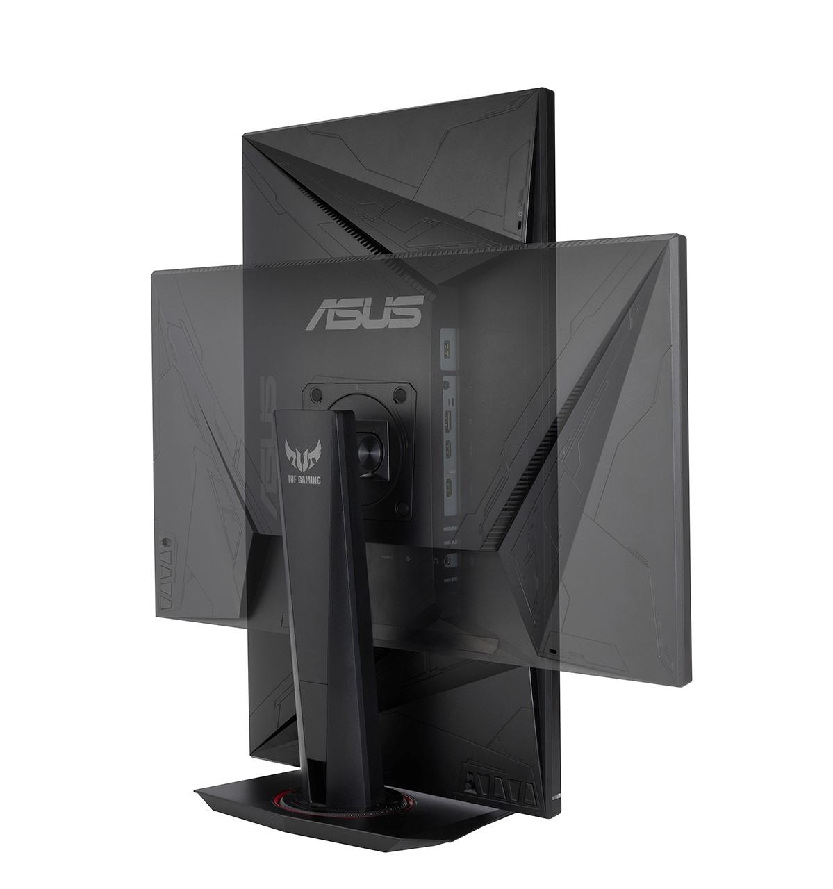 Ein schwarzer ASUS-Gaming-Monitor mit sichtbarem Ständer und Rückseite. Er hat ein TUF Gaming-Logo und ein geometrisches Design.