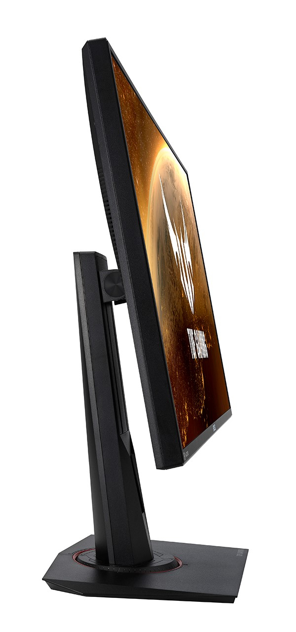 Ein schwarzer Computermonitor, geneigt. Der Bildschirm zeigt eine Grafik. Der Monitor steht auf einem schwarzen Ständer. Weißer Hintergrund.