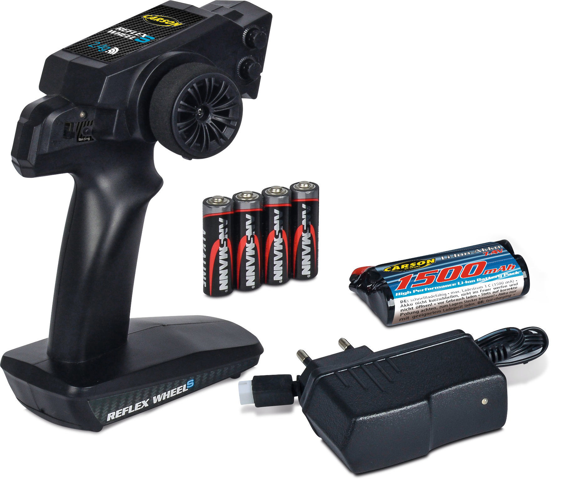 Fernbedienungsset mit Batterien, Ladegerät und Netzteil.