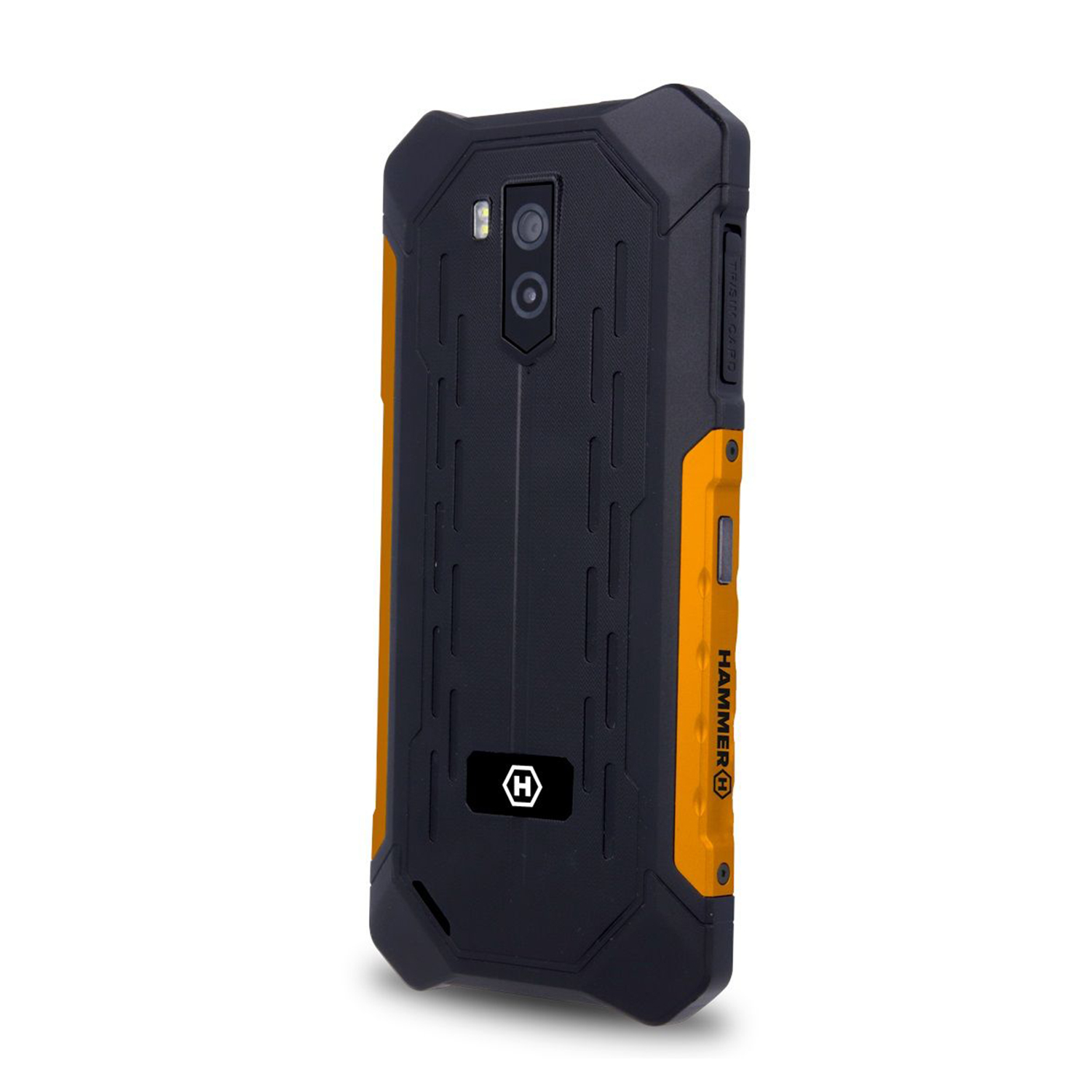 Smartphone resistente negro y naranja. Tiene un cuerpo negro con detalles en naranja y cámara dual.