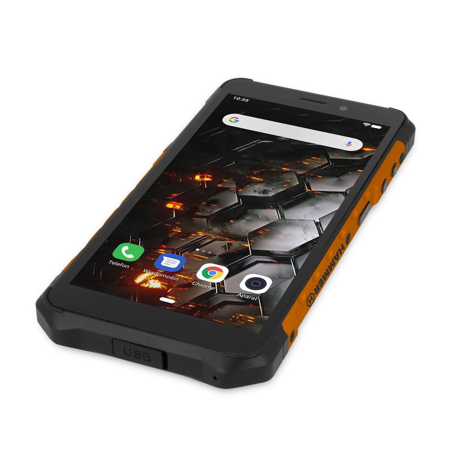 Smartphone resistente naranja y negro sobre fondo blanco. Iconos de aplicaciones visibles.