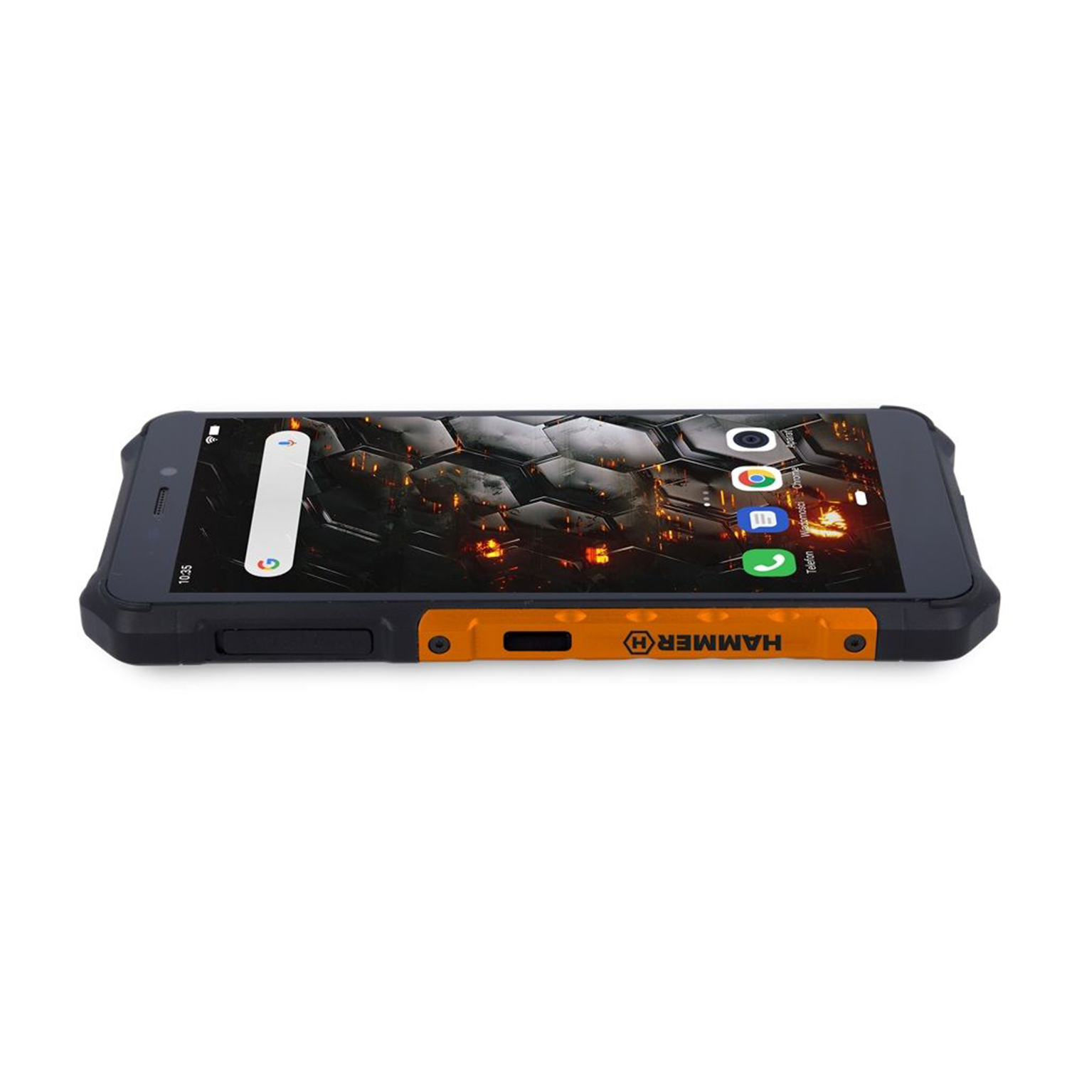 Un smartphone negro y naranja resistente sobre una superficie blanca.