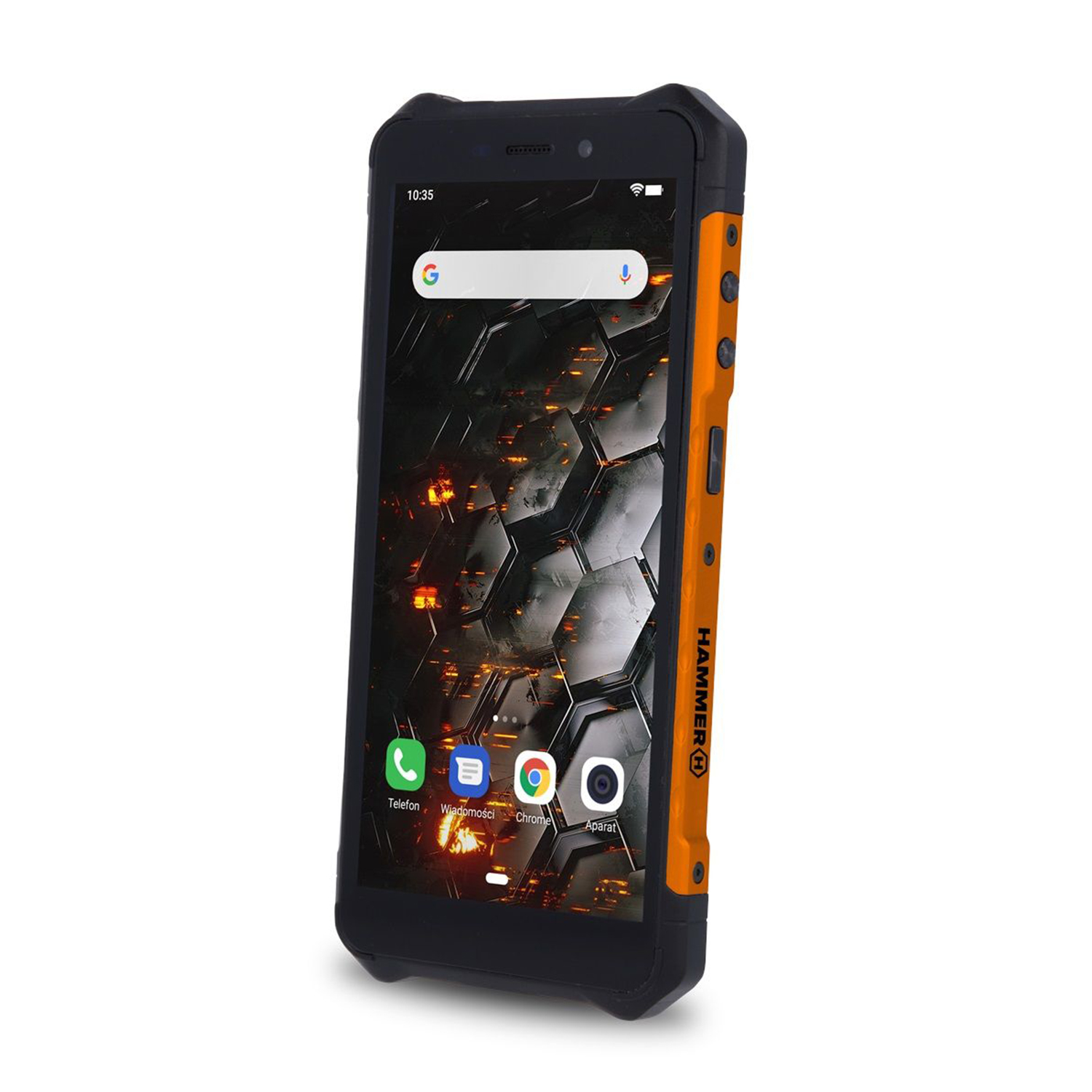 Smartphone resistente negro y naranja. Pantalla con búsqueda de Google e iconos de apps.