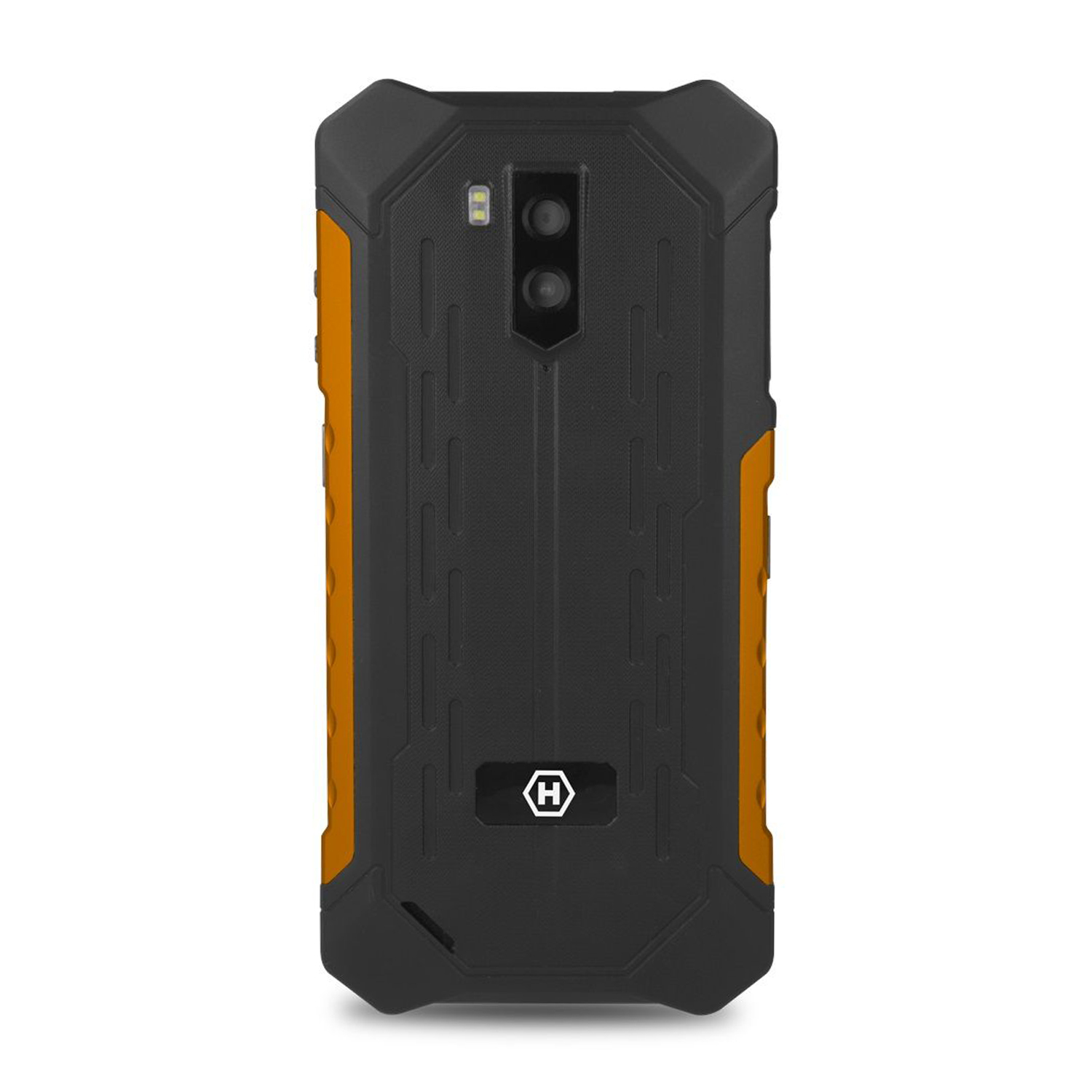 Smartphone robusto, negro y naranja, con cámara dual y logotipo.
