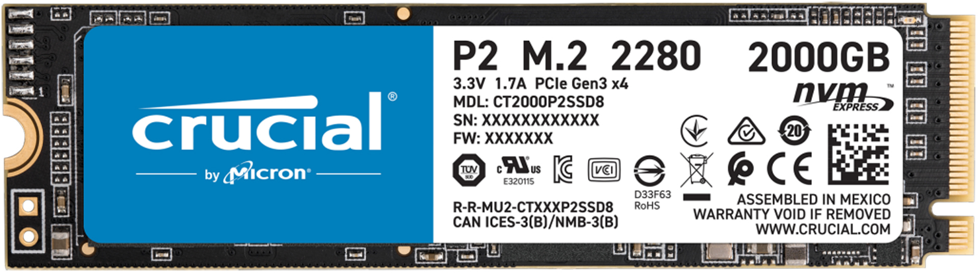 CRUCIAL P2 Festplatte, 2 TB SSD M.2 via PCIe, intern