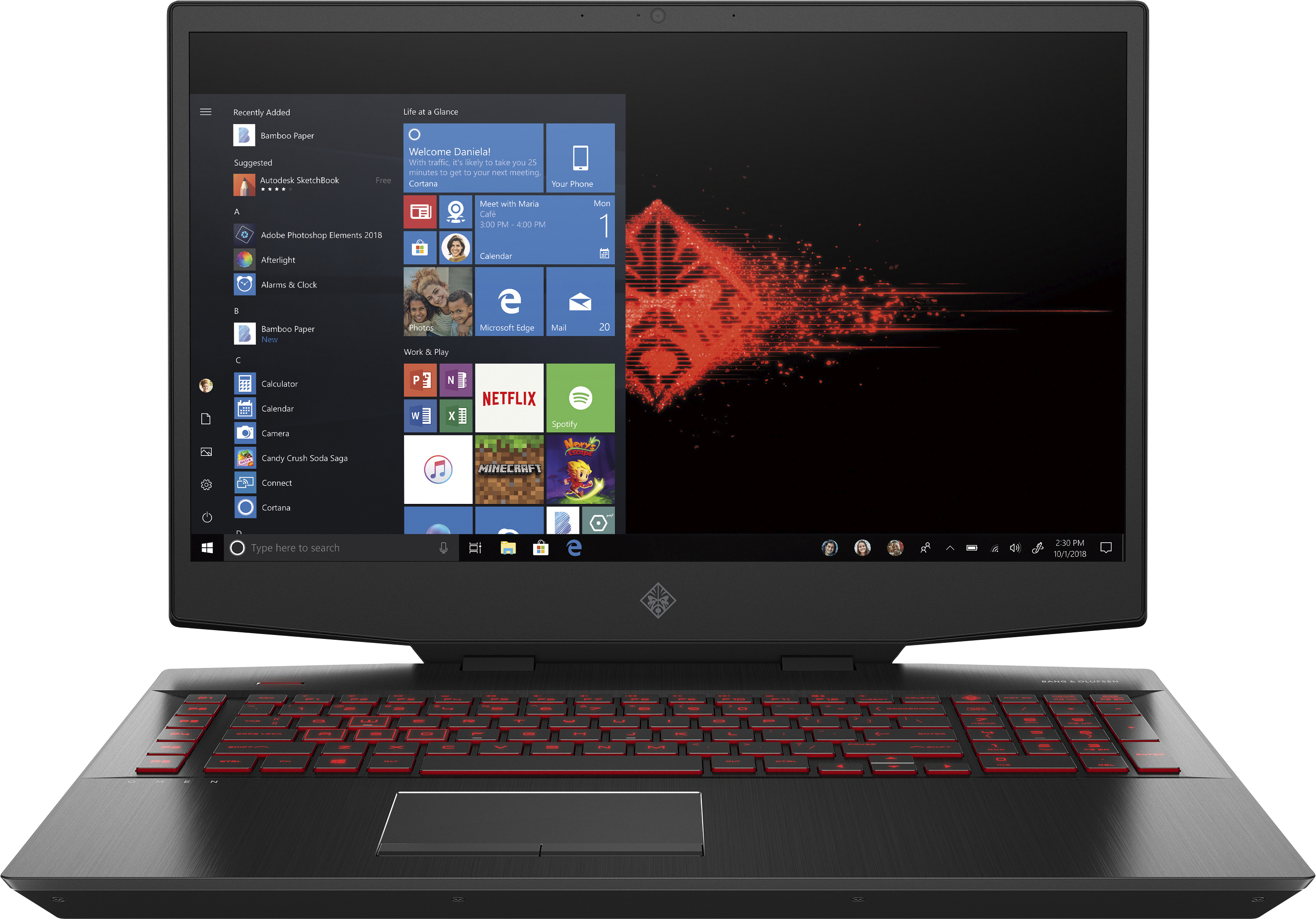 Ein schwarzer Omen-Laptop, geöffnet, zeigt den Windows-Startbildschirm.