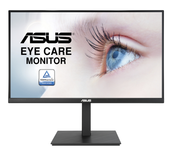 Asus Eye Care Monitor mit Nahaufnahme eines blauen Auges und weißem Hintergrund. Text auf dem Bildschirm.