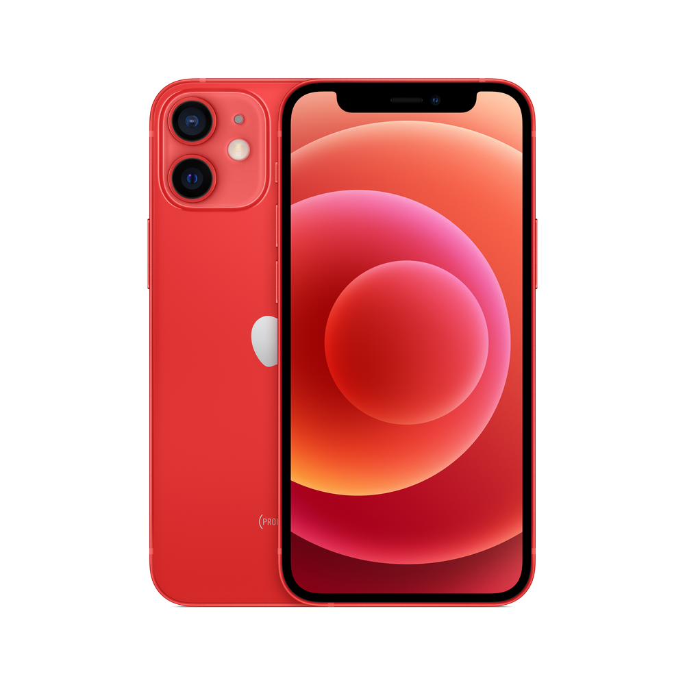 iPhone 12 rojo con vista trasera y frontal.