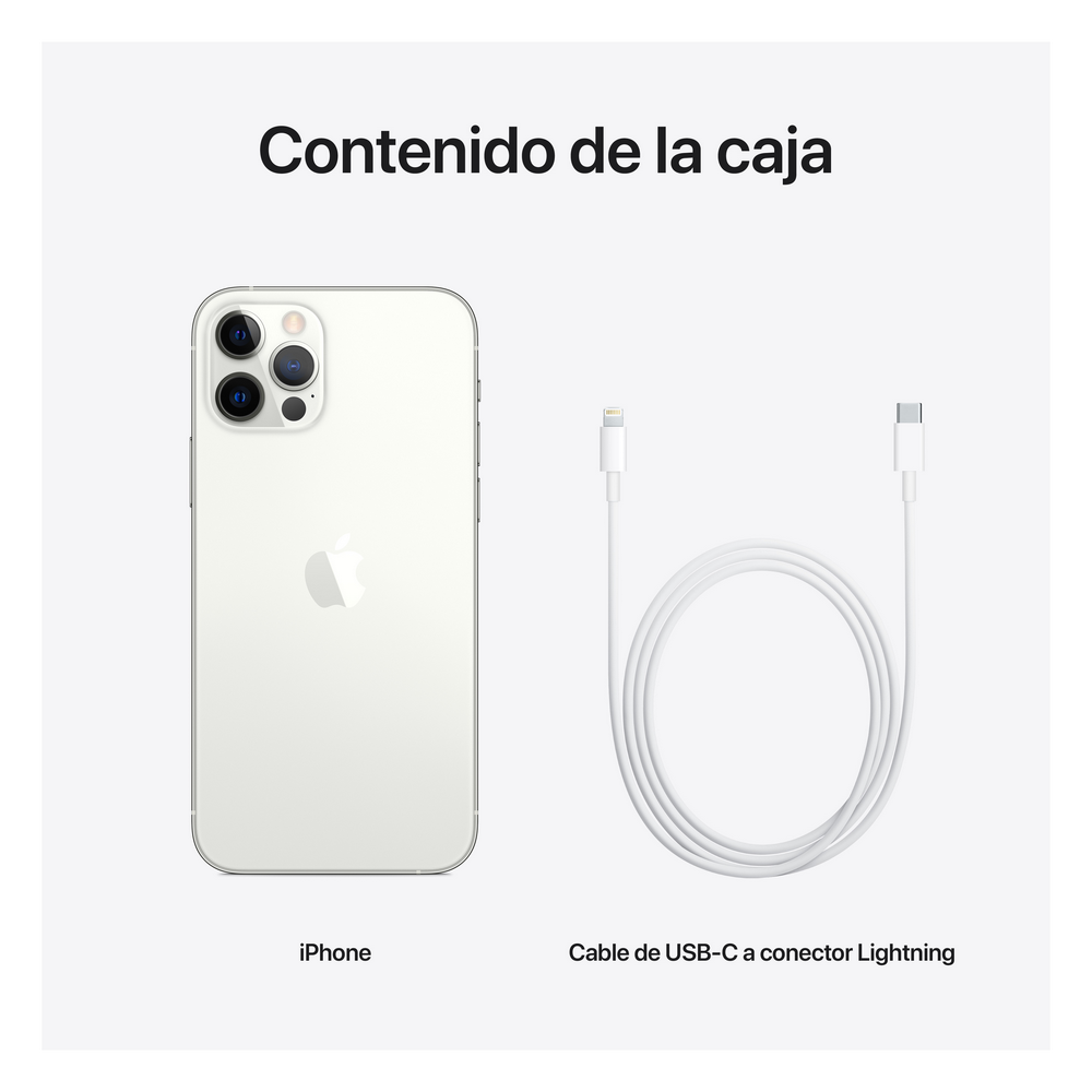 iPhone y cable de carga en caja, sobre fondo blanco. Texto: 'Contenido de la caja'.