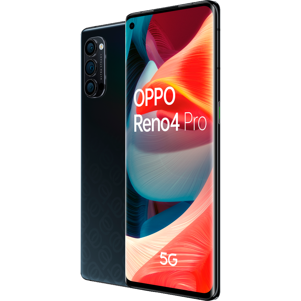 Un teléfono inteligente Oppo Reno4 Pro negro con detalles en rojo y blanco y un logotipo 5G.