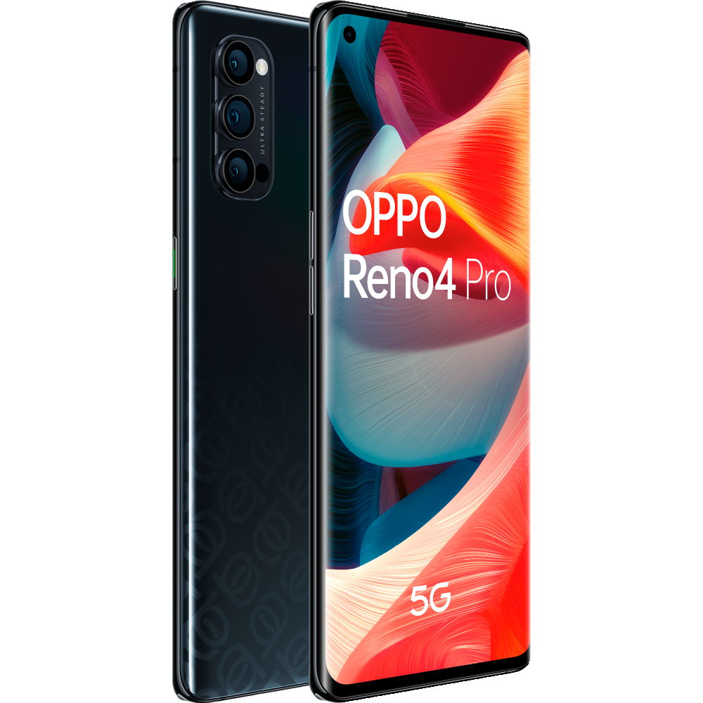 Oppo Reno4 Pro negro, vista trasera y lateral, con configuración de cámara y logo Oppo. Etiqueta 5G.