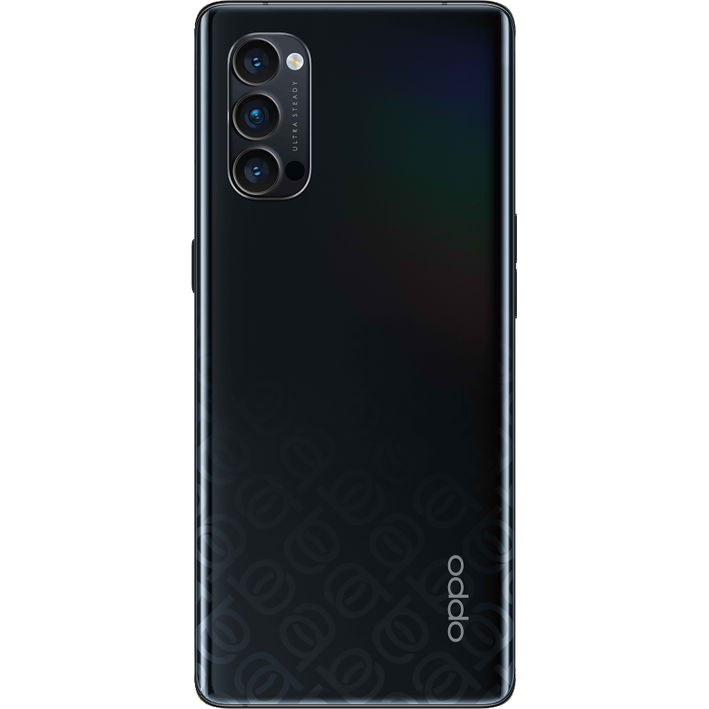 Teléfono Oppo negro con tres cámaras y un diseño único en la parte trasera.