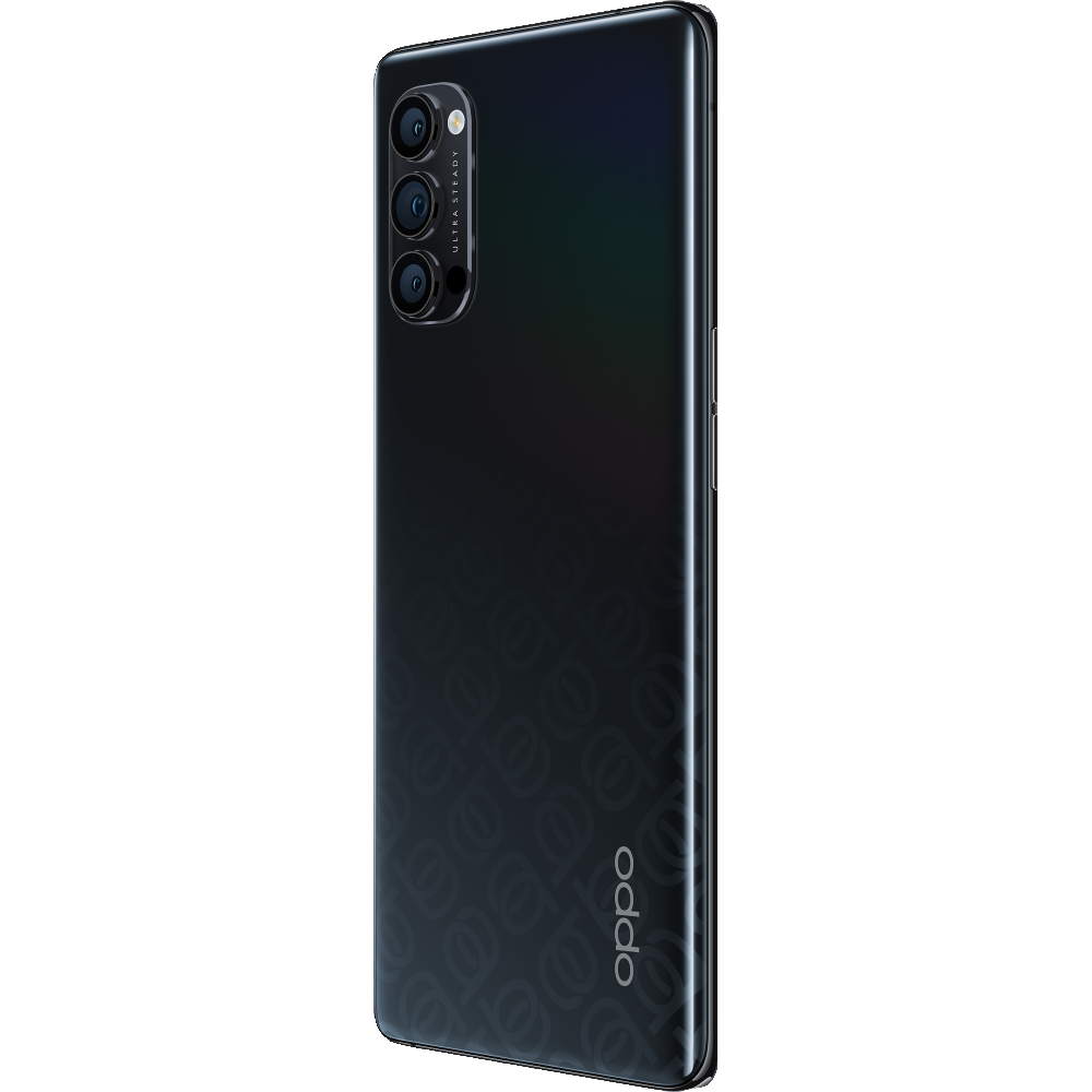 Smartphone negro, vista trasera, con múltiples cámaras y un logotipo.