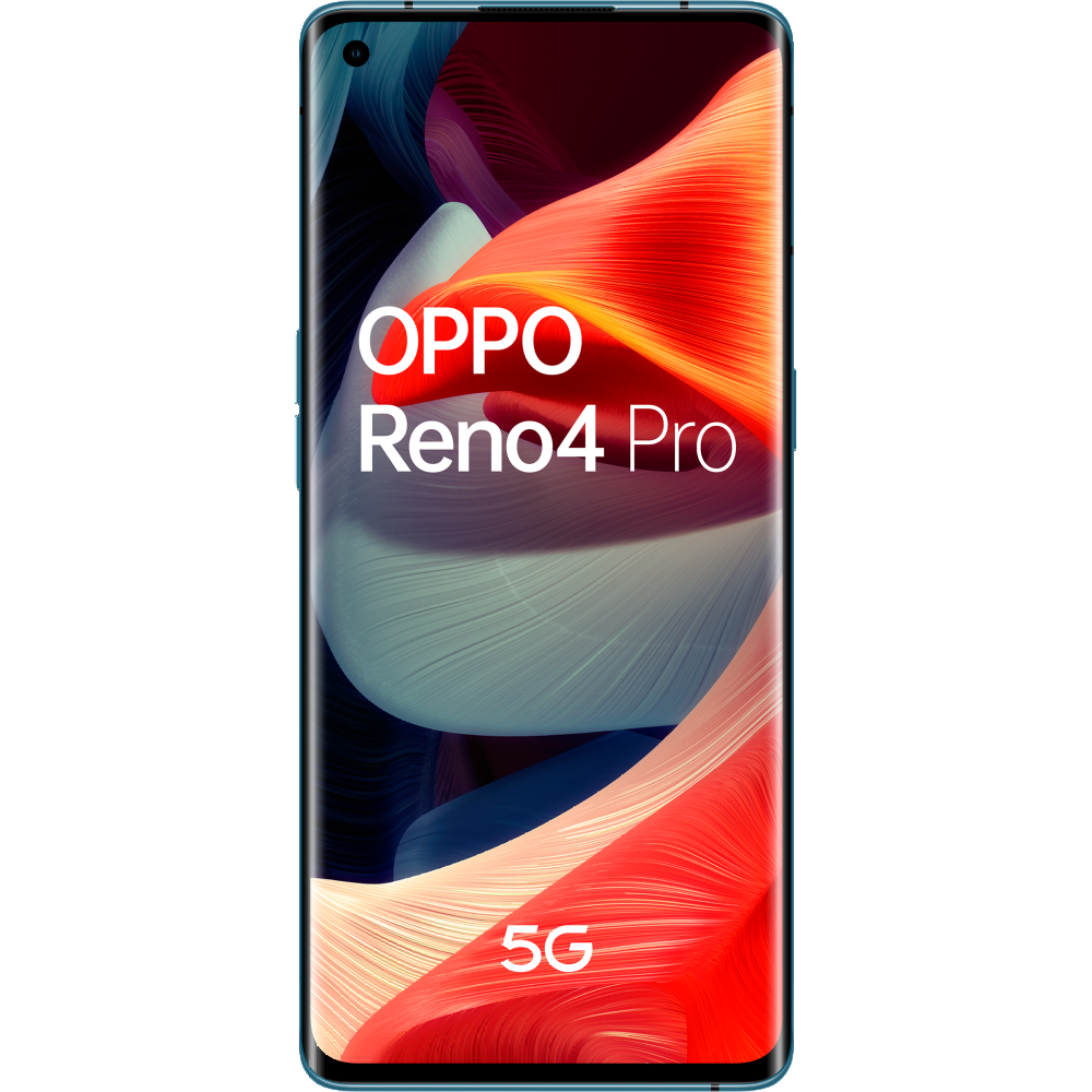 Smartphone Oppo Reno4 Pro azul con pantalla curva, 5G y marca Oppo en la parte delantera.