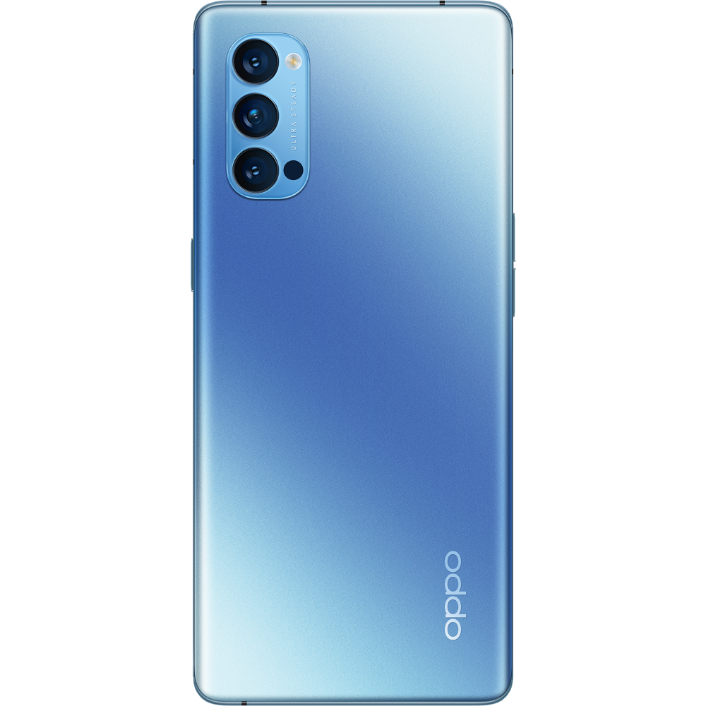 Vista trasera de un smartphone azul claro con tres cámaras y el logo de Oppo.