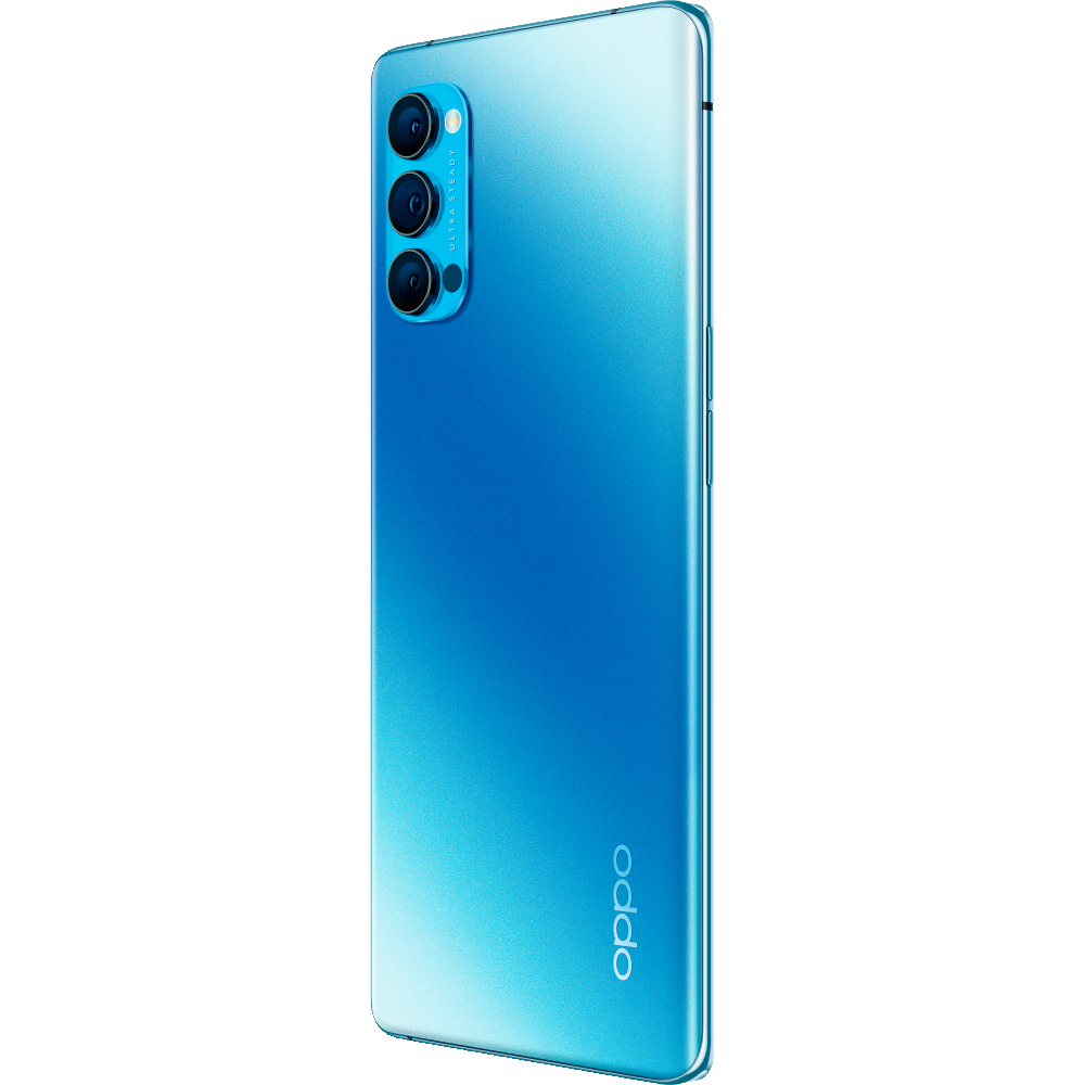 Teléfono Oppo azul con triple cámara, fondo blanco y color degradado.