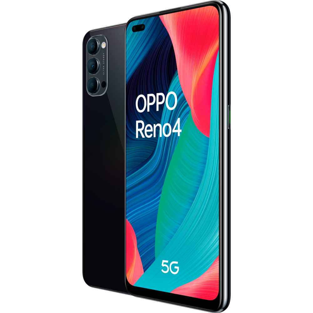 Smartphone Oppo Reno4 negro con conjunto de cámaras, con una pantalla colorida.