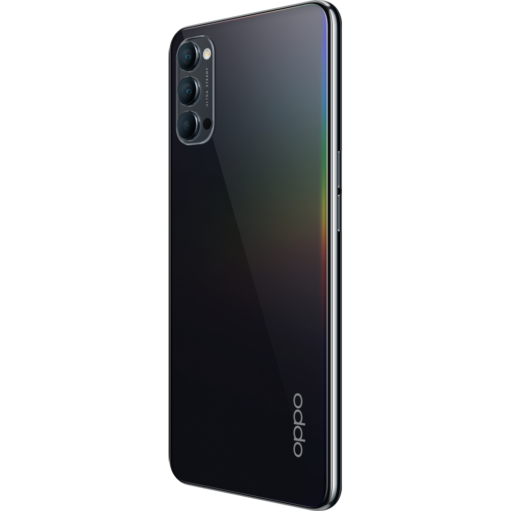 Smartphone negro, vista trasera, con múltiples cámaras. Texto: Ultra Steady y logotipo de la marca.