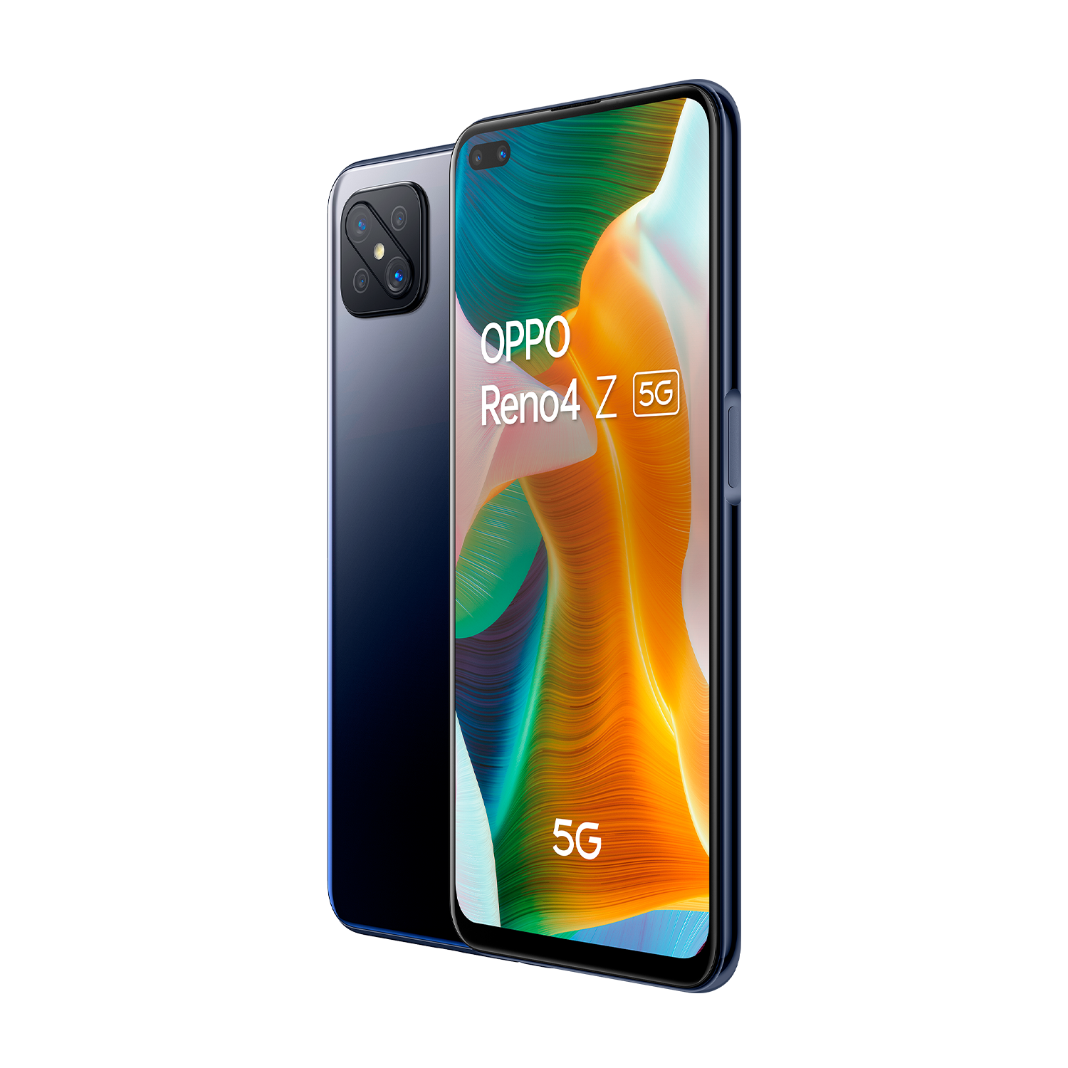 Un teléfono Oppo Reno4 Z 5G azul, con parte trasera negra y pantalla colorida.