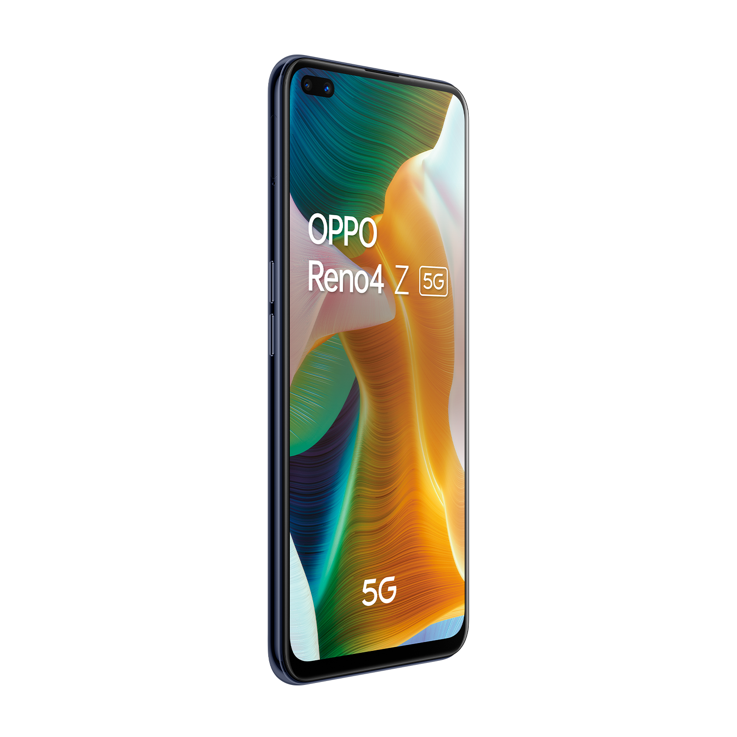 Un teléfono inteligente Oppo Reno4 Z 5G azul sobre un fondo blanco.
