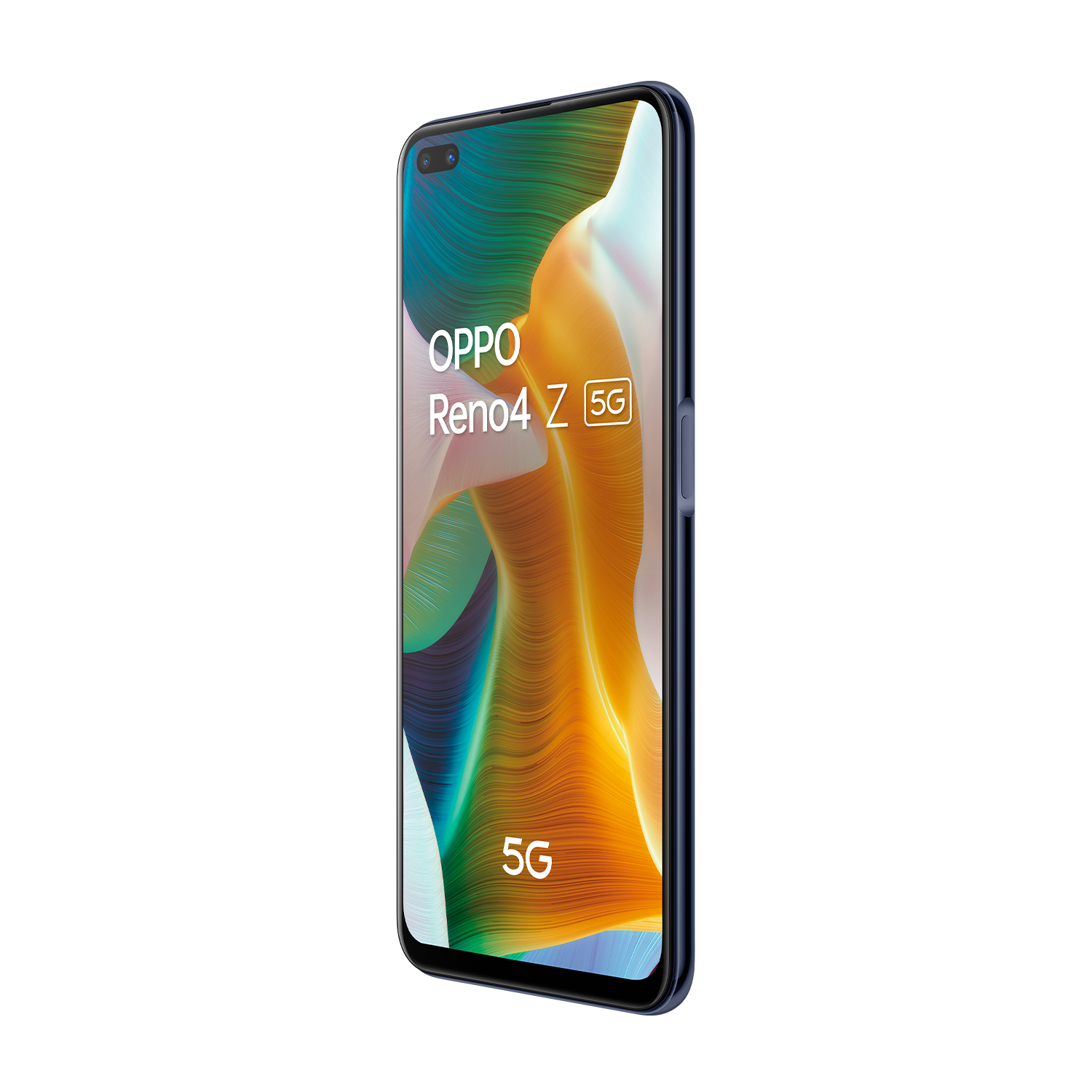 Un teléfono azul Oppo Reno4 Z 5G desde un lado. La pantalla muestra un gráfico abstracto con un logotipo 5G.