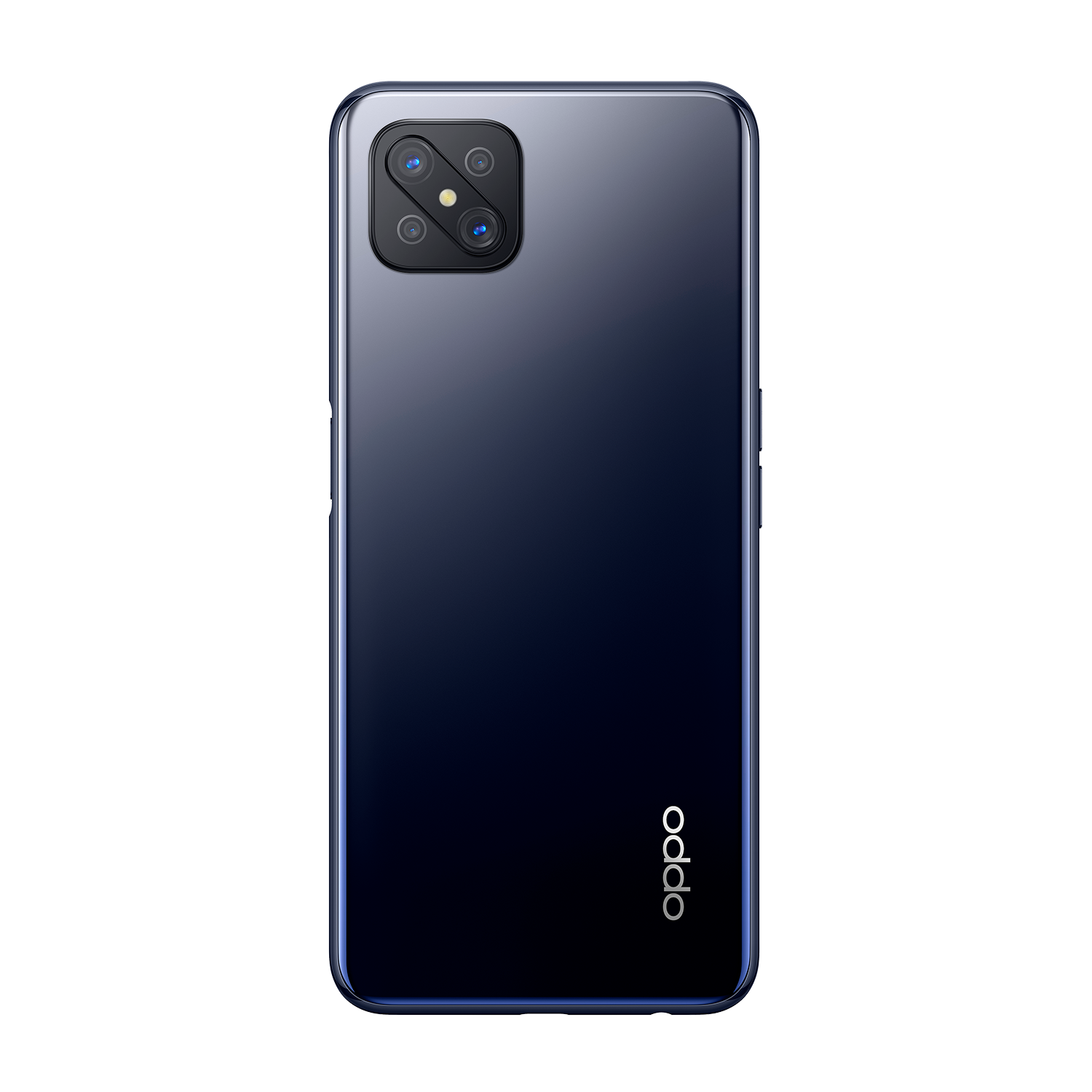Vista trasera de un teléfono azul oscuro con tres cámaras y un logotipo OPPO.