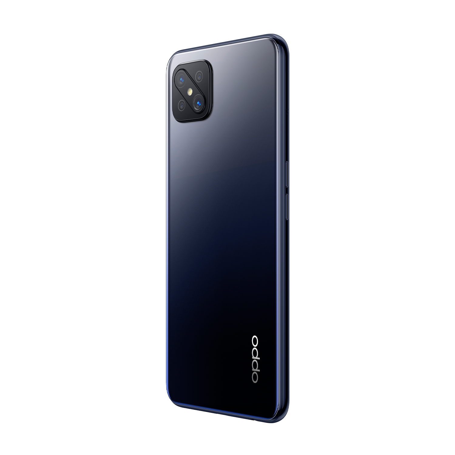 Teléfono azul oscuro desde atrás. Logotipo de Oppo en la parte inferior. Angulado.