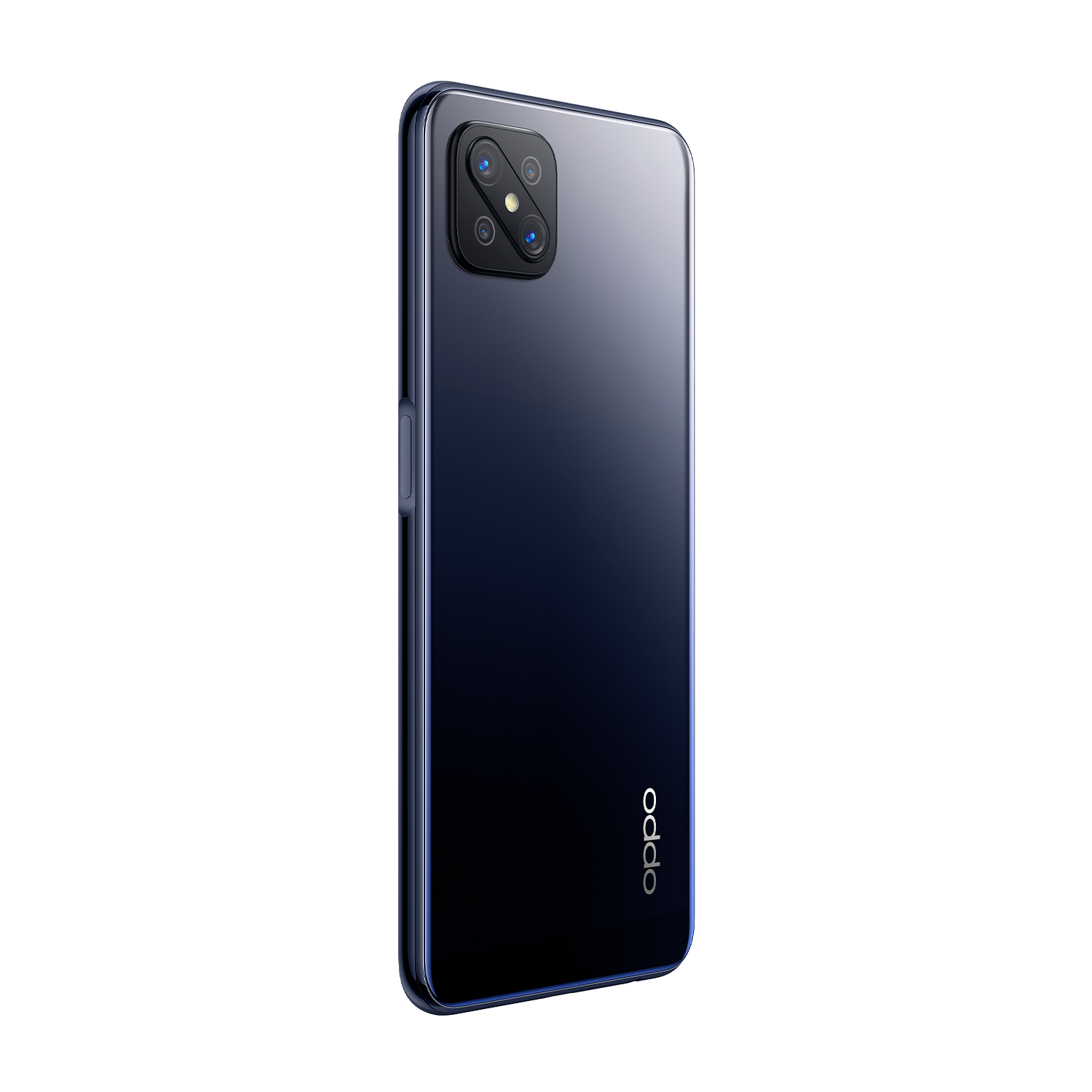 Vista trasera de un teléfono azul oscuro con un módulo de cámara. El logotipo de Oppo es visible.