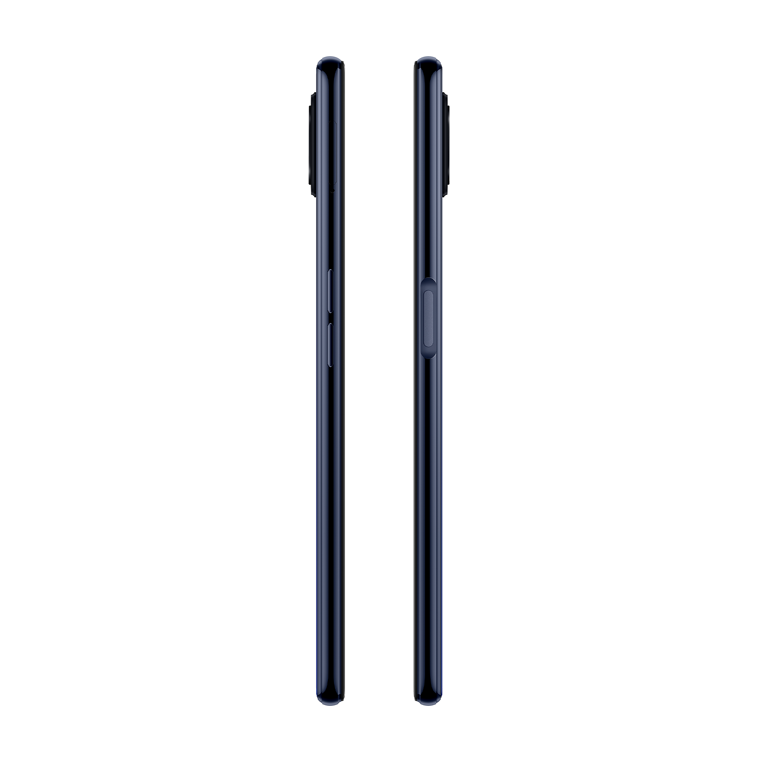 Dos imágenes laterales de un teléfono azul oscuro con una protuberancia de cámara negra.