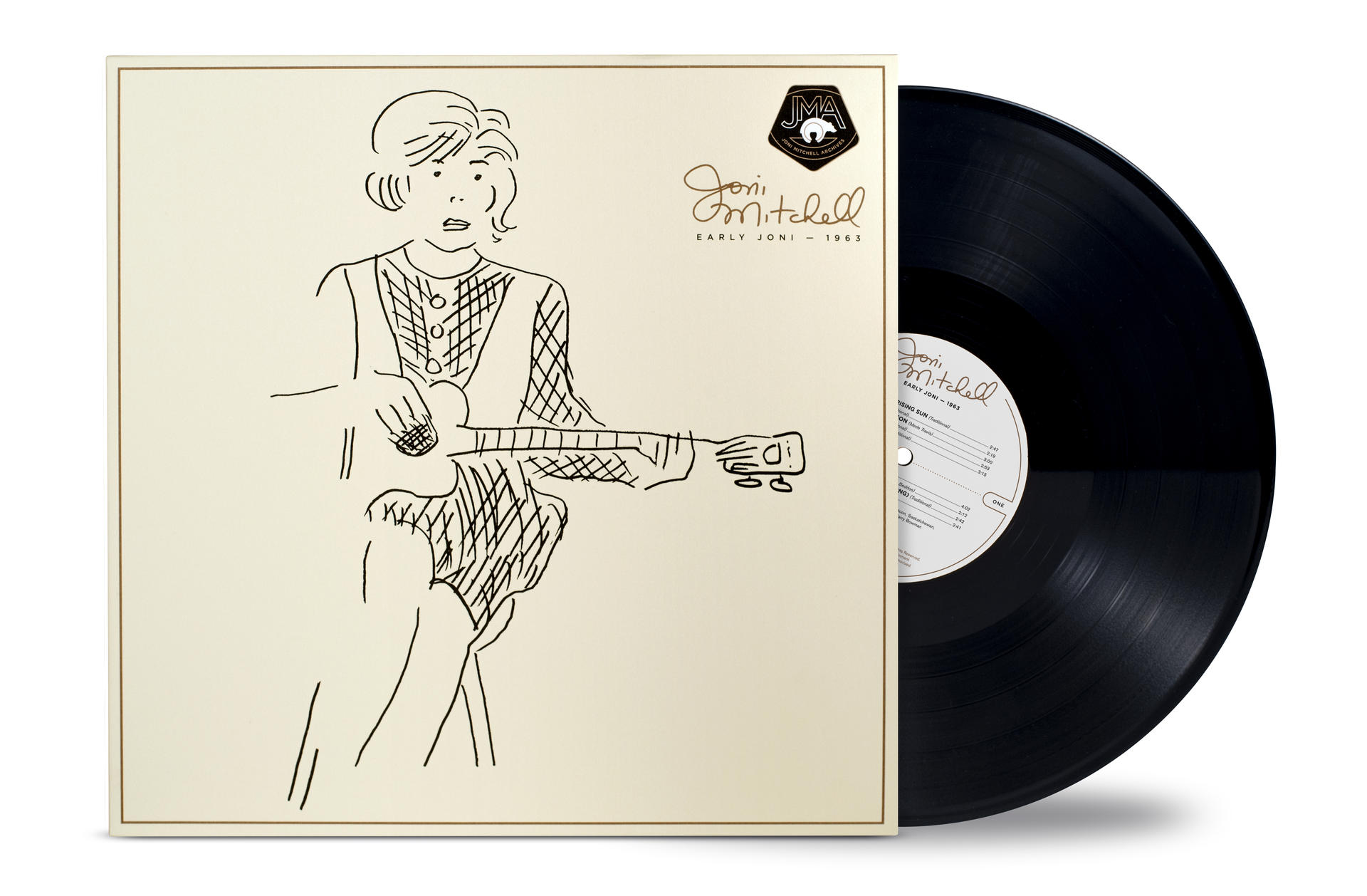 Pochette d'album de Joni Mitchell et un disque vinyle noir, fond blanc.