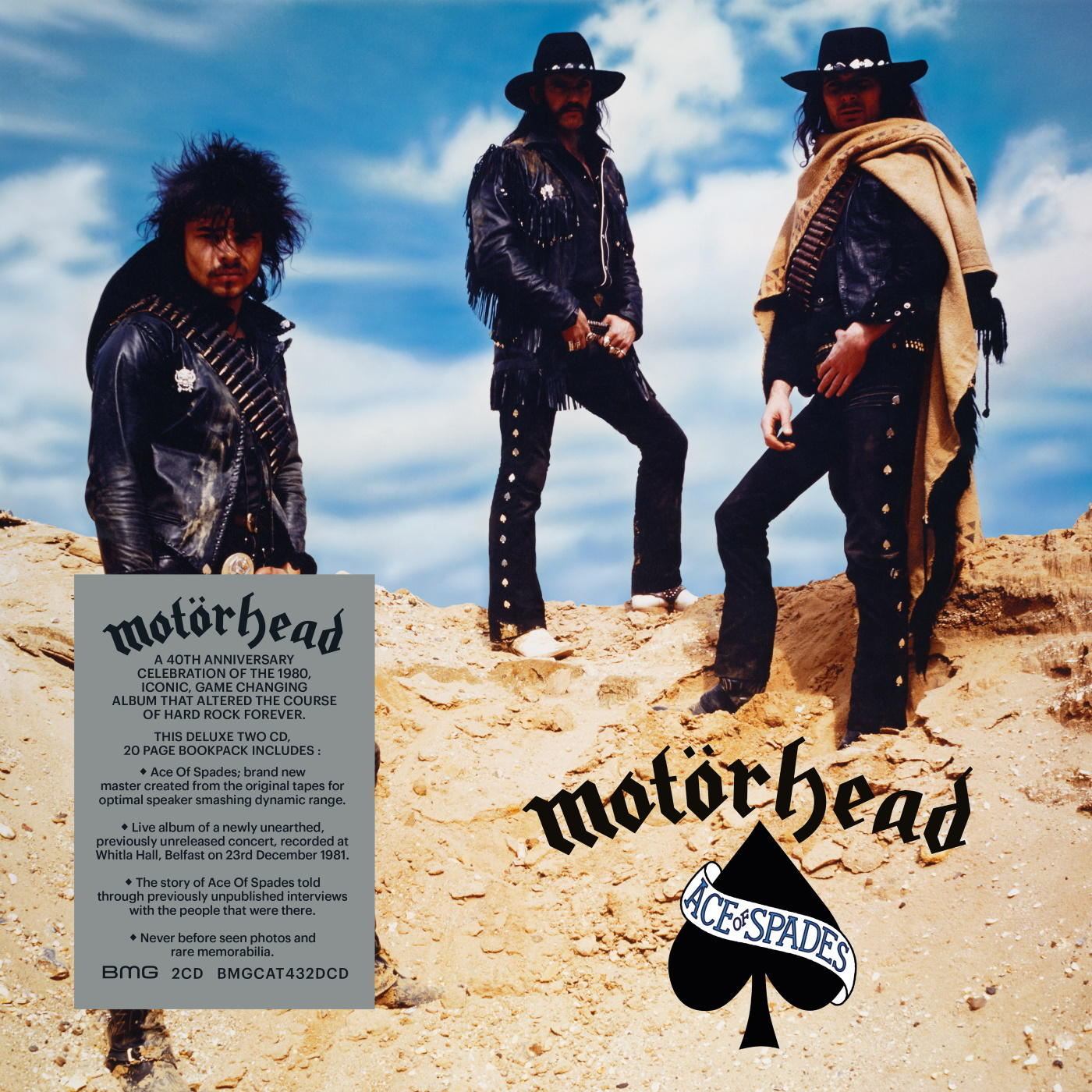 Motörhead albumhoes met drie mannen in zwart leer en het bandlogo.