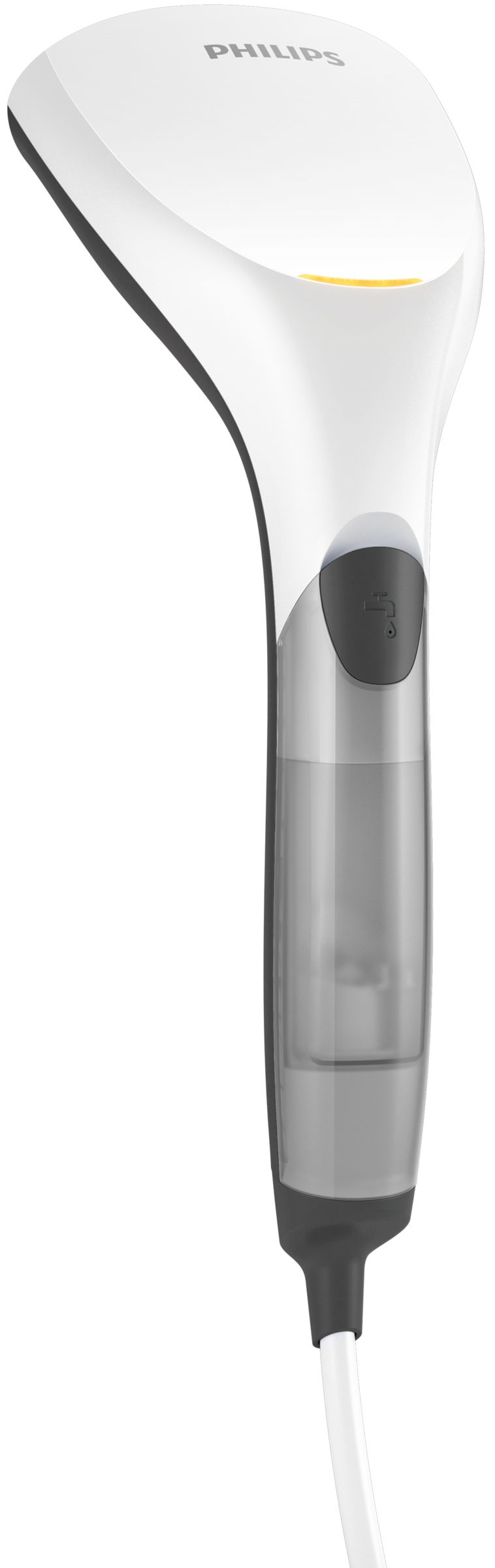 Un vaporizador de mano blanco y negro. Tiene un depósito de agua y un botón. El fondo es blanco.