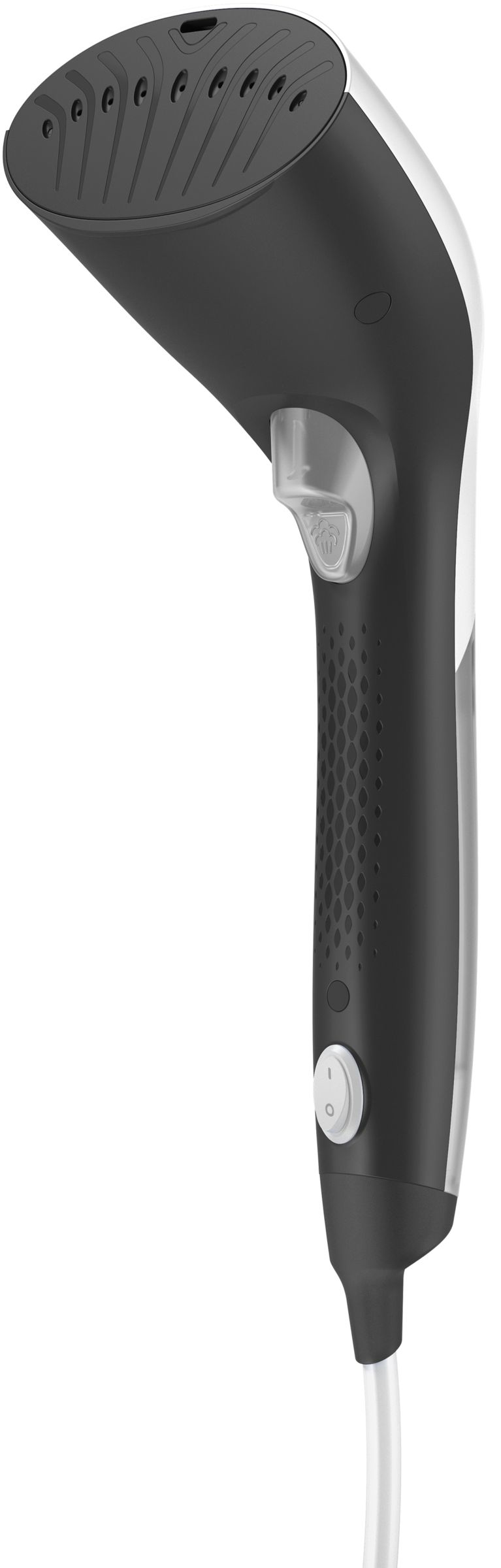Un vaporizador de ropa portátil en blanco y negro con un cable blanco largo.