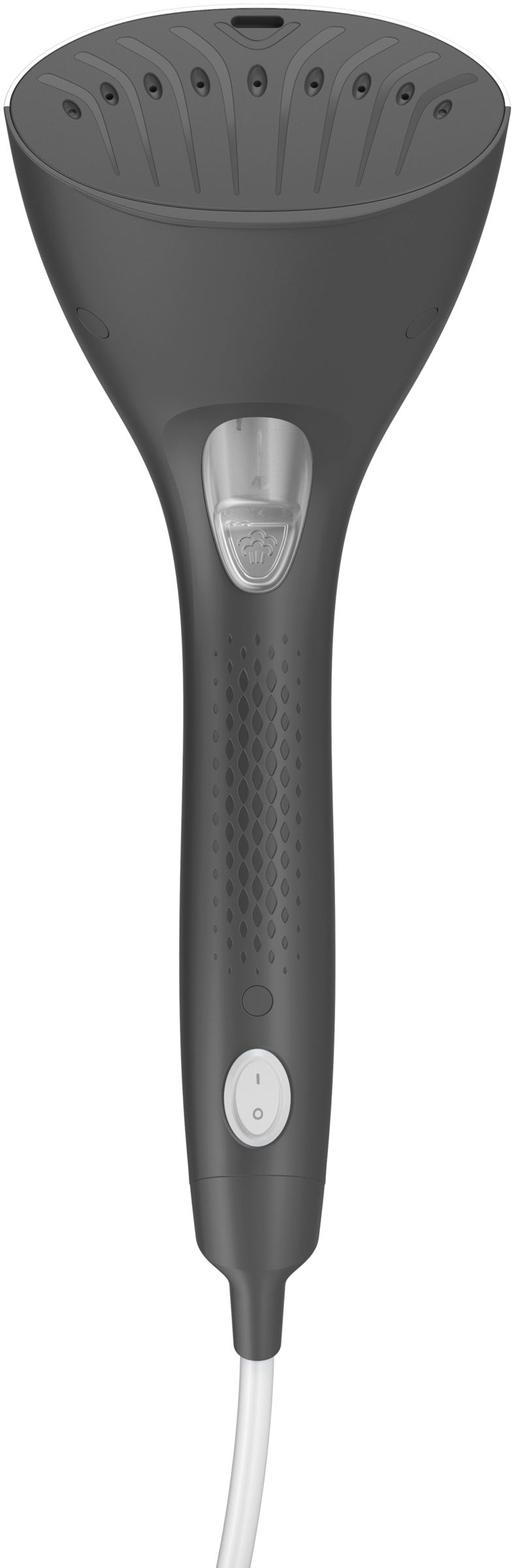 Un vaporizador de prendas de mano Philips gris con cable blanco.