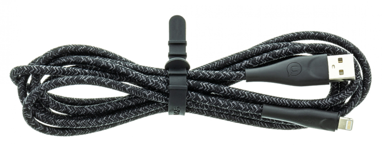 Fekete-szürke fonott USB-Lightning kábel, kábeltartóval.