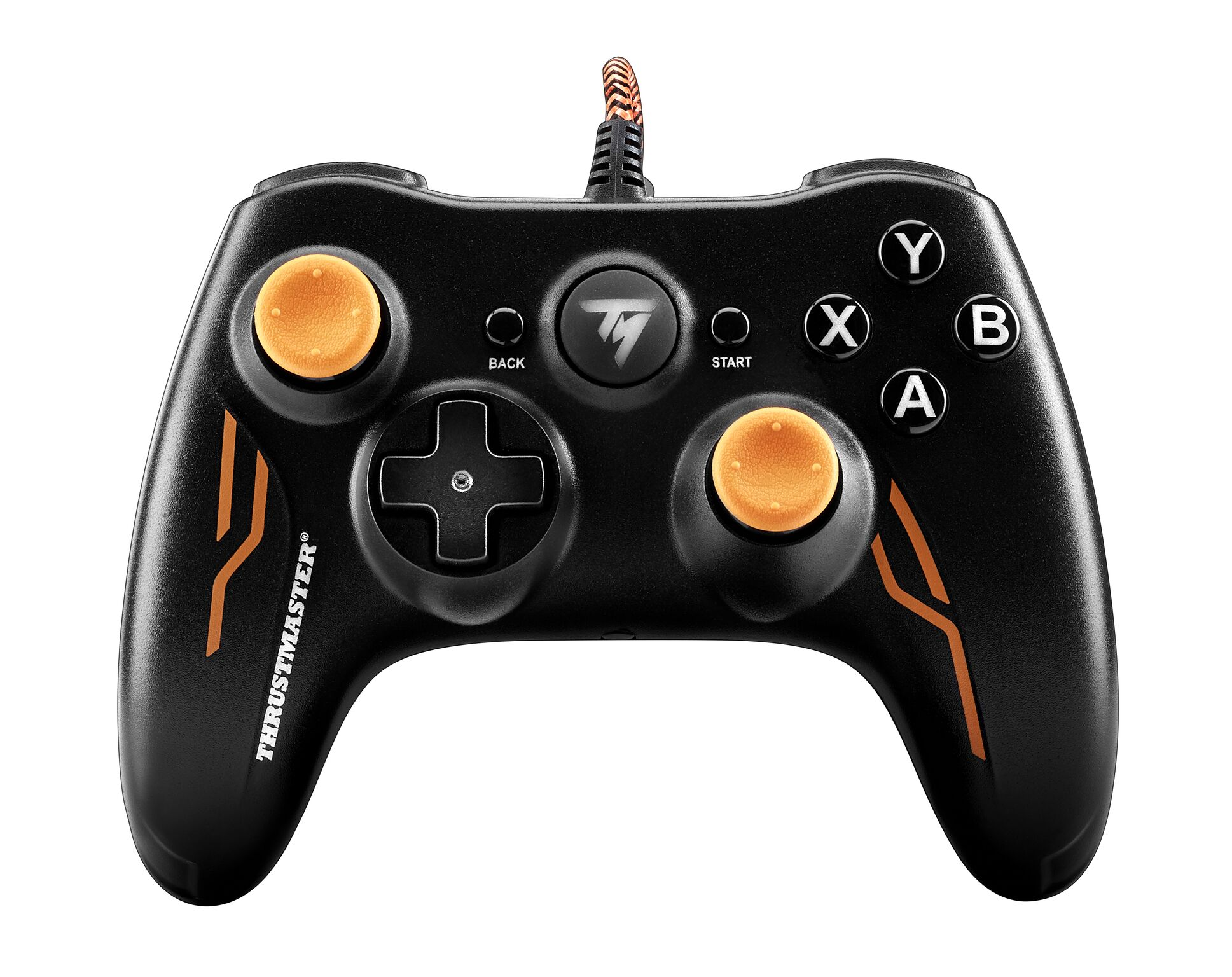 Ein schwarzer und orangefarbener Gamecontroller. Es hat orangefarbene Tasten und eine kabelgebundene Verbindung.