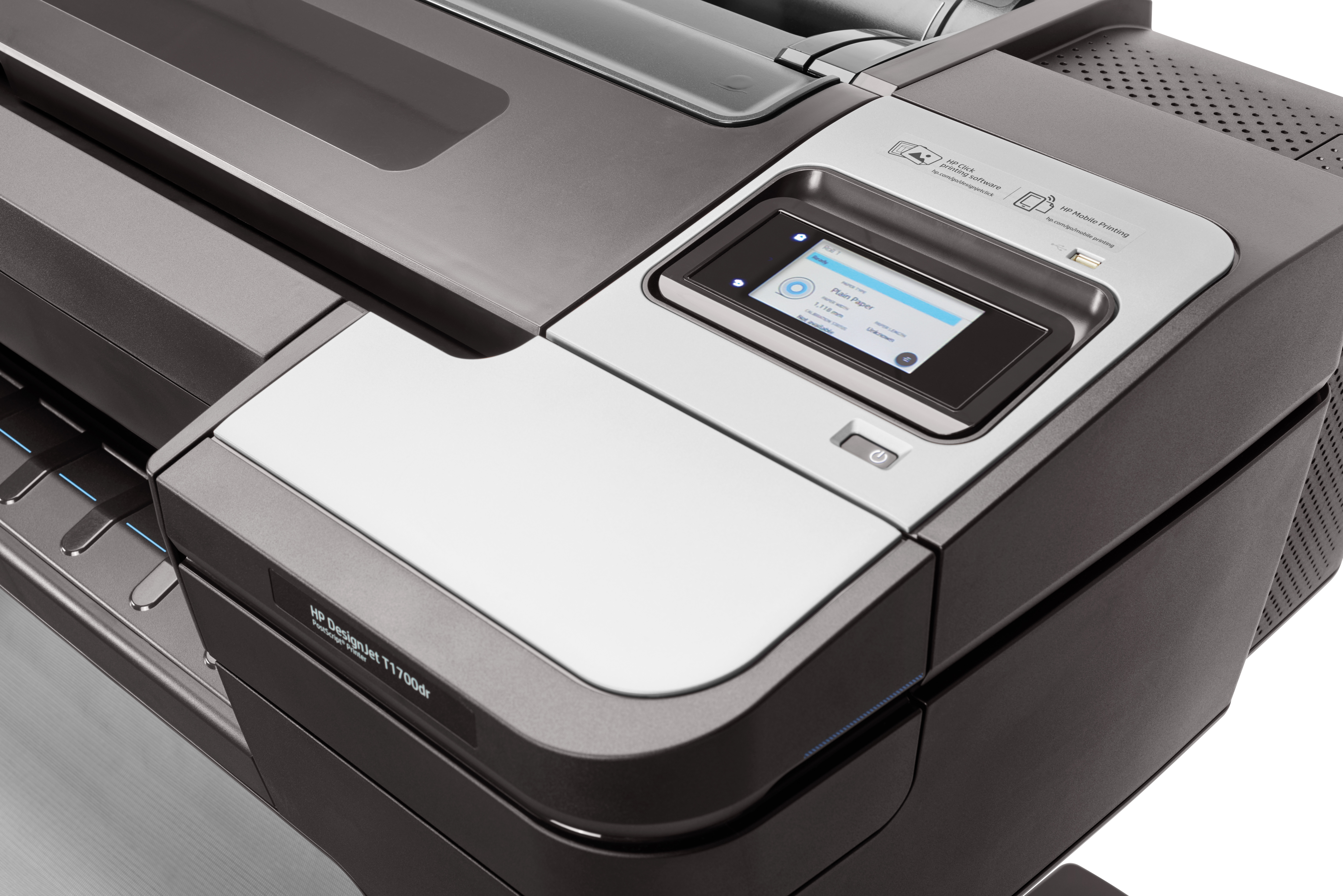 Dokunmatik ekran, güç düğmesi ve mobil baskı logosu olan bir HP DesignJet T570 yazıcısının yakın çekimi.