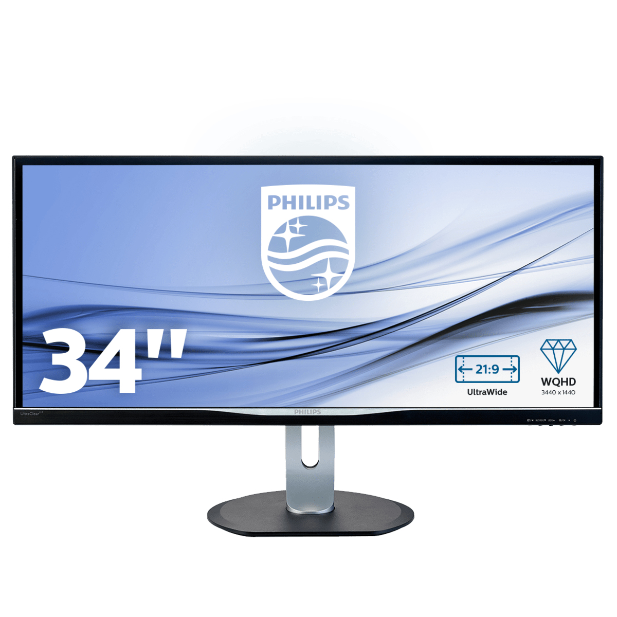Gümüş standlı bir Philips 34" kavisli monitör.