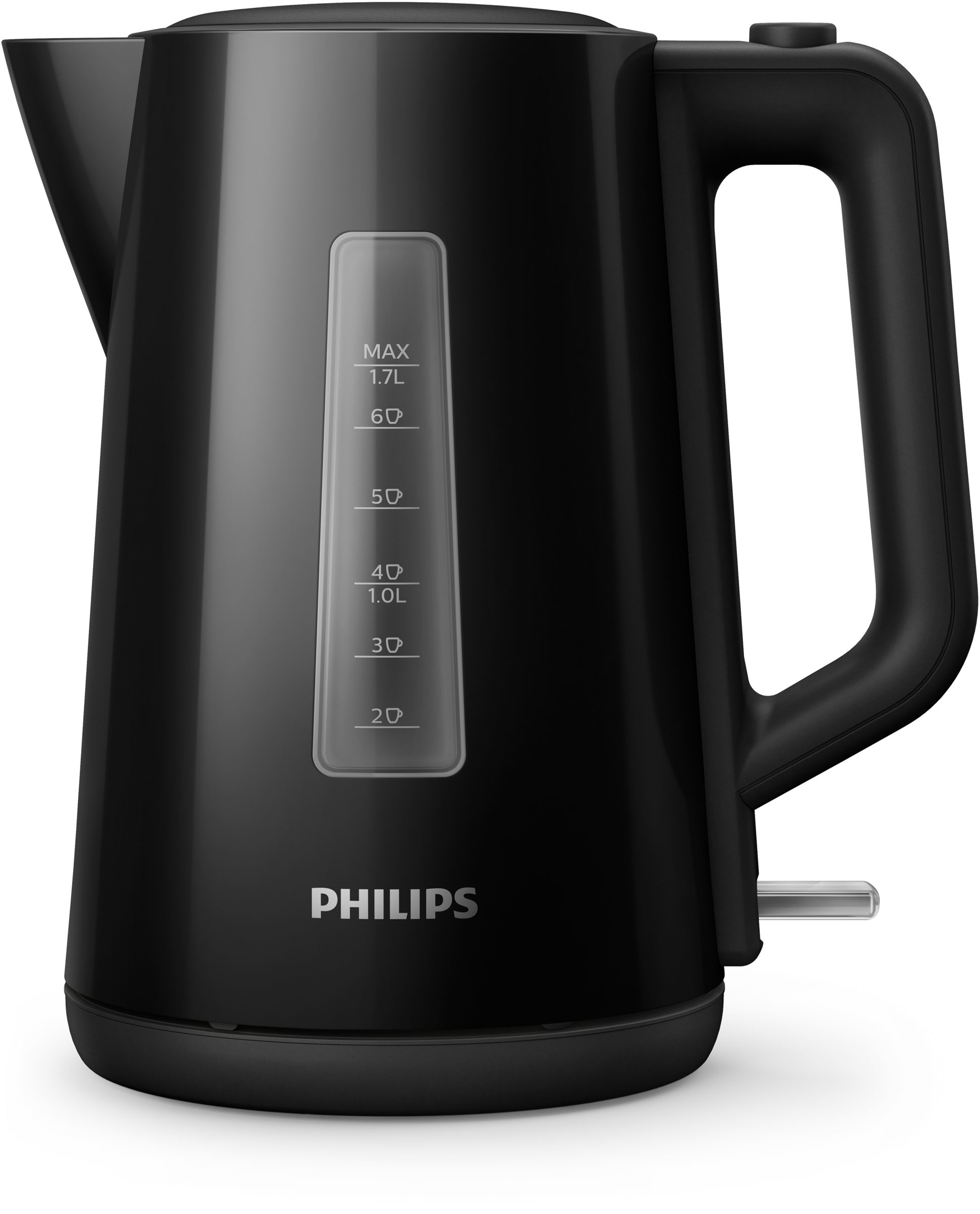 Zwarte Philips waterkoker met waterniveau-indicator. Witte achtergrond.