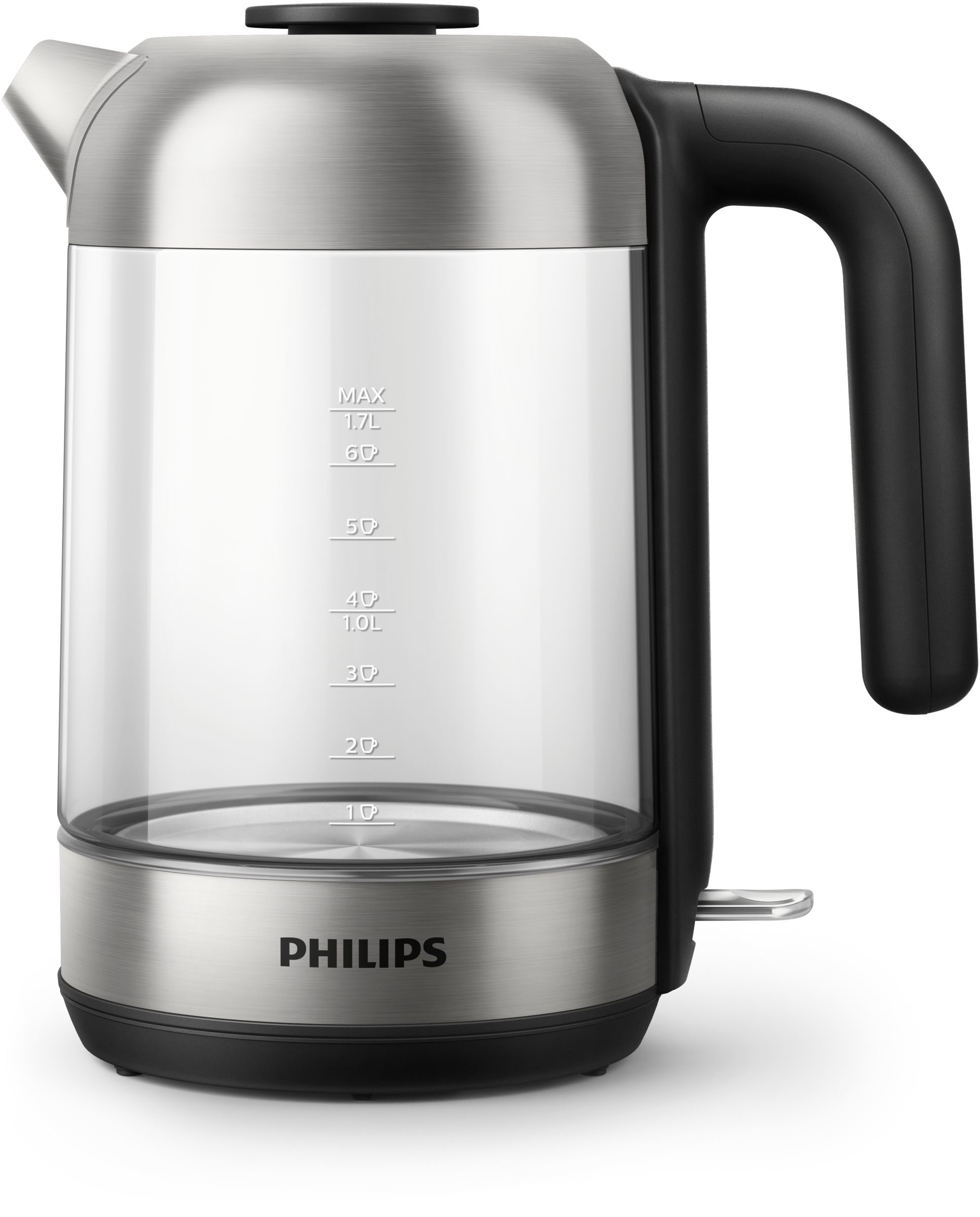 Glass electric kettle with silver accents, black handle, and water level markings.