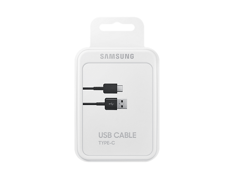 Cable USB-C Samsung en un paquete blanco. El cable es negro con conectores USB-C y USB-A.