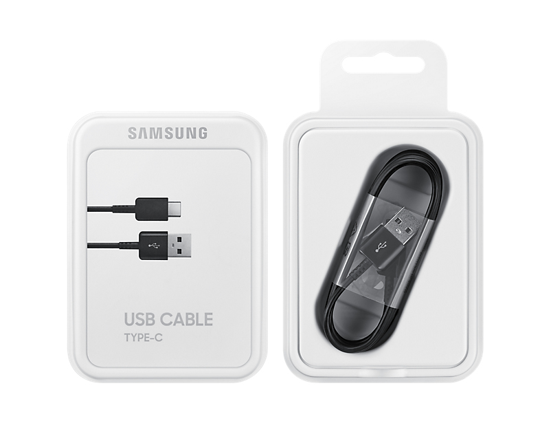 Una caja blanca con un cable USB dentro y un cable USB con conector USB-C.