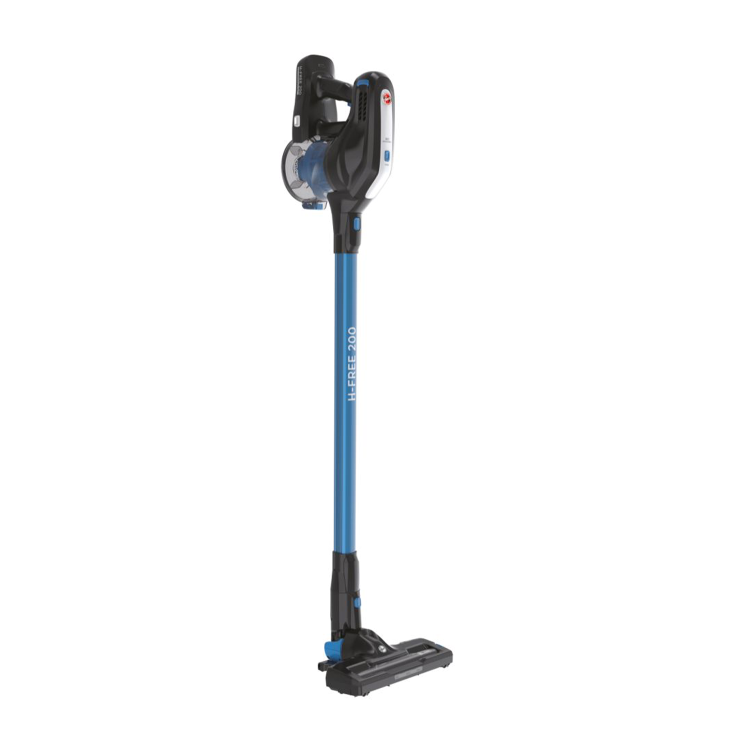 Aspiradora inalámbrica Hoover H-FREE 200 azul y negra, sobre fondo blanco.
