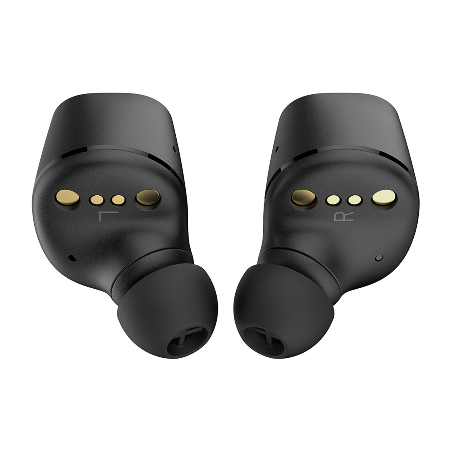 Dos auriculares negros, cada uno marcado con una L o R dorada, para la oreja izquierda o derecha.