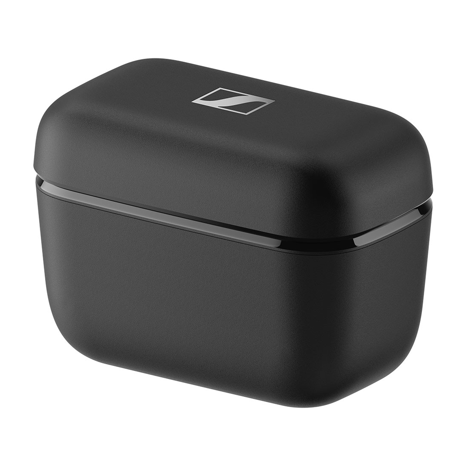 Estuche negro y rectangular de Sennheiser con logo plateado en la parte superior.