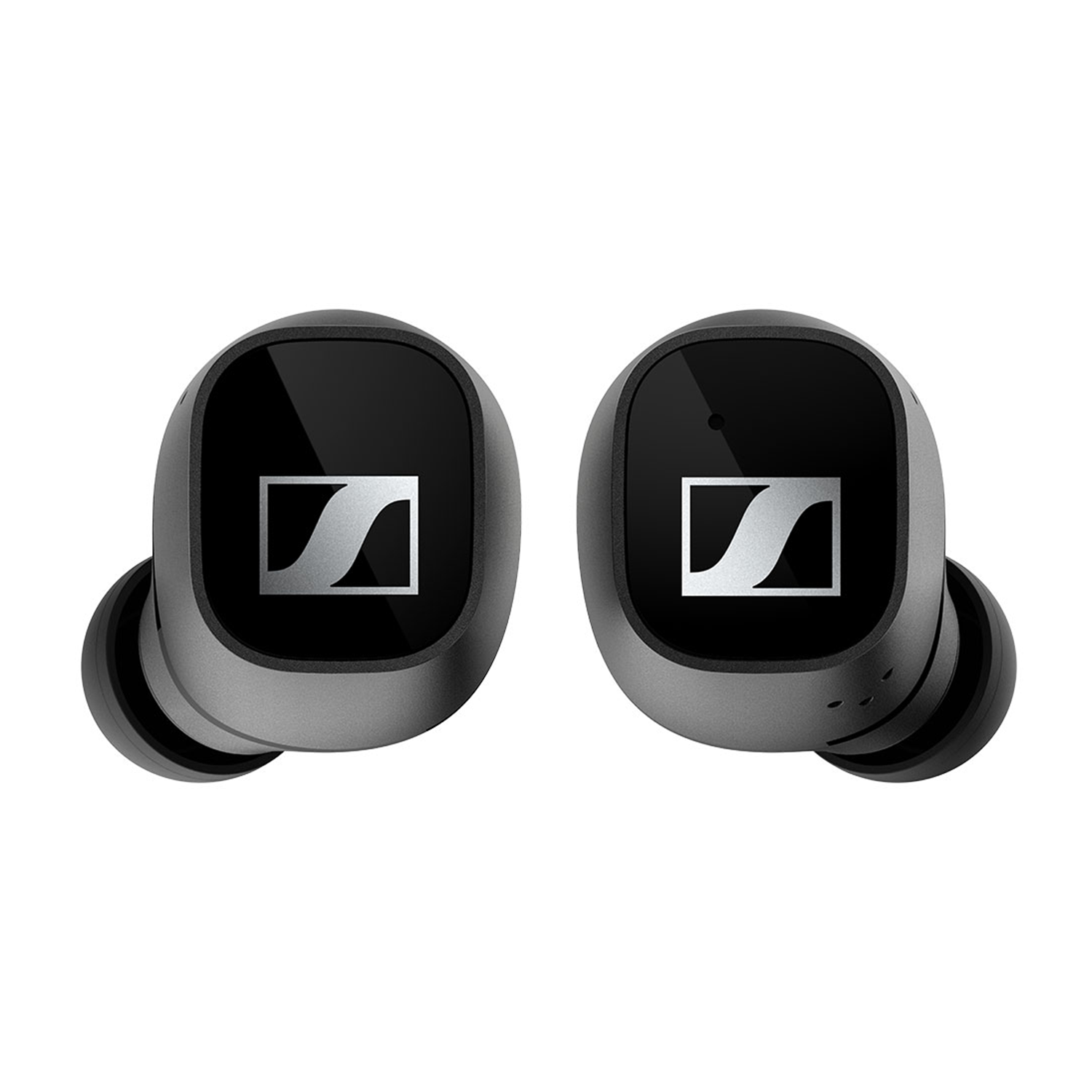 Dos auriculares inalámbricos negros con un logotipo plateado de Sennheiser en cada auricular, fondo blanco.