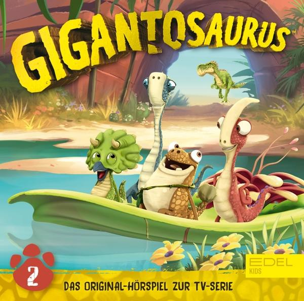 DVD-Cover 'Gigantosaurus'. Cartoon-Dinosaurier in einem Boot. Blaues Wasser und grüner Hintergrund.