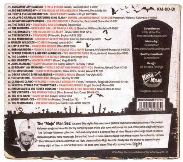 Rückseite einer CD-Hülle. Titelliste, Copyright-Informationen und ein Cartoon-Mann.