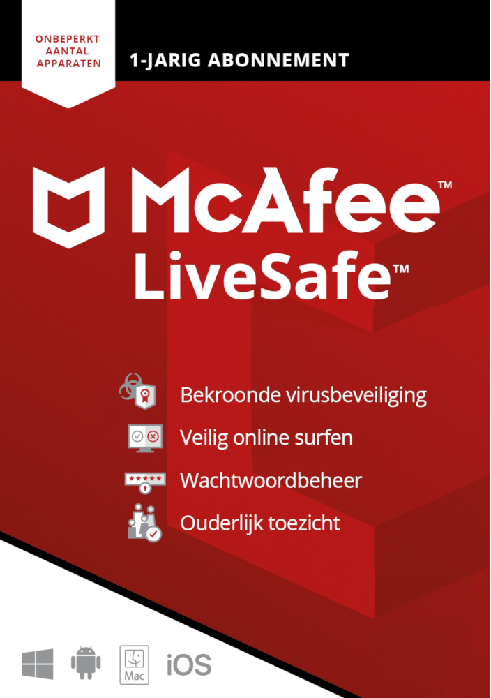 McAfee LiveSafe productverpakking met pictogrammen en een rood-zwarte kleurstelling.